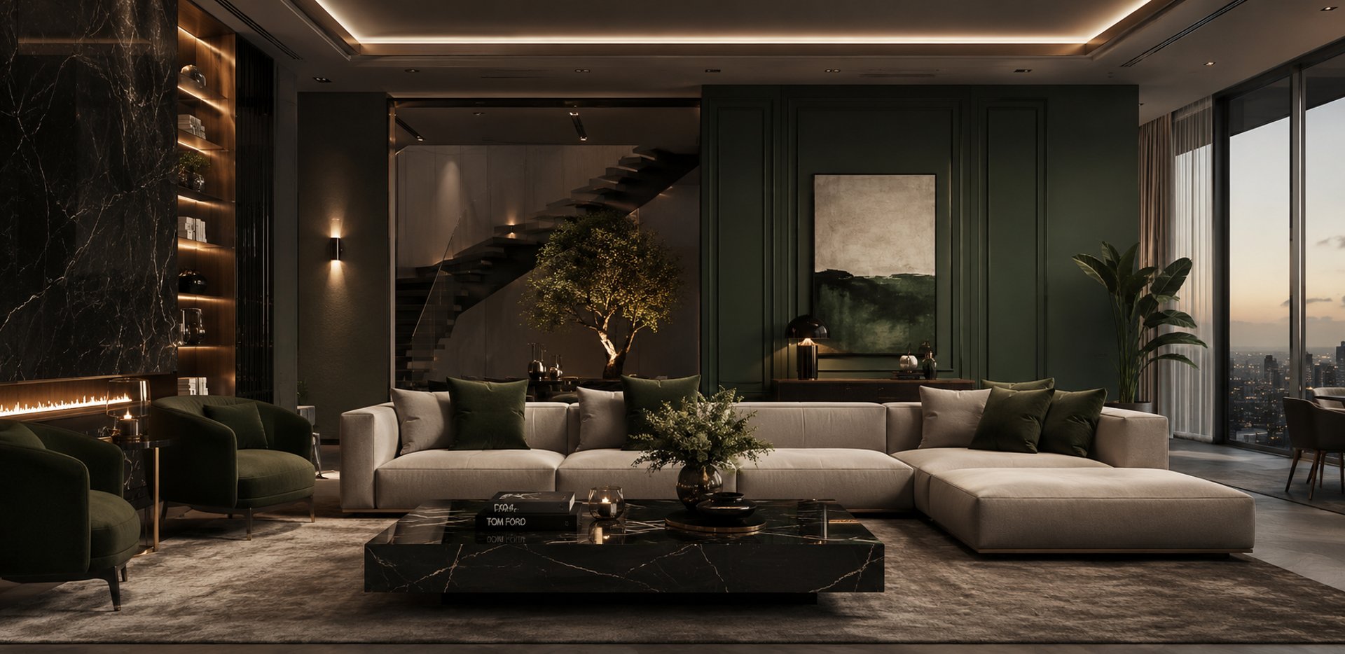 a chair and ottoman in a room with a clock