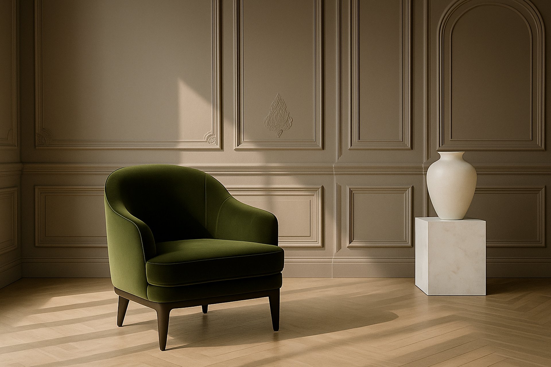 a chair and ottoman in a room with a clock