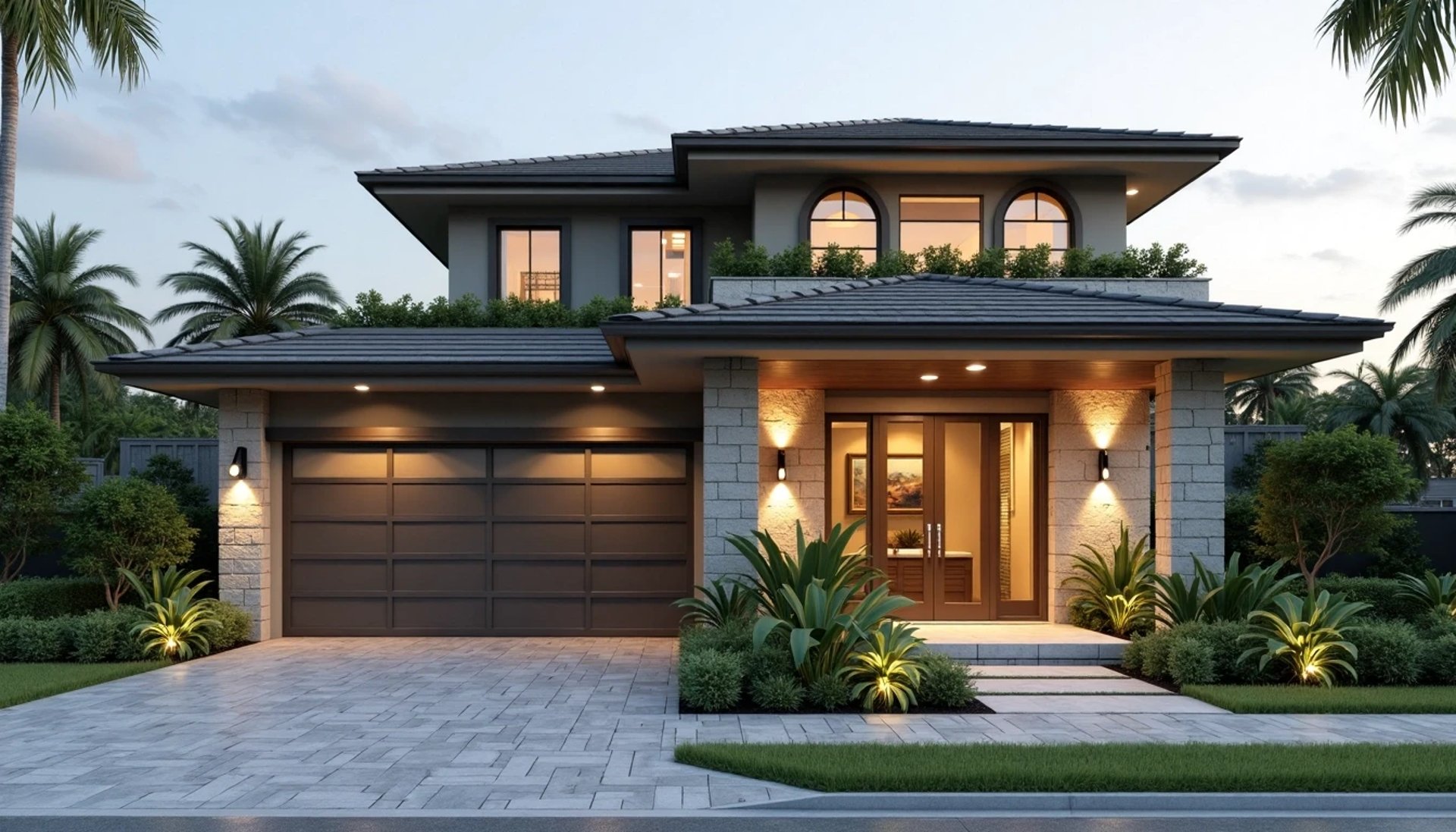 a large house with a driveway surrounded by trees