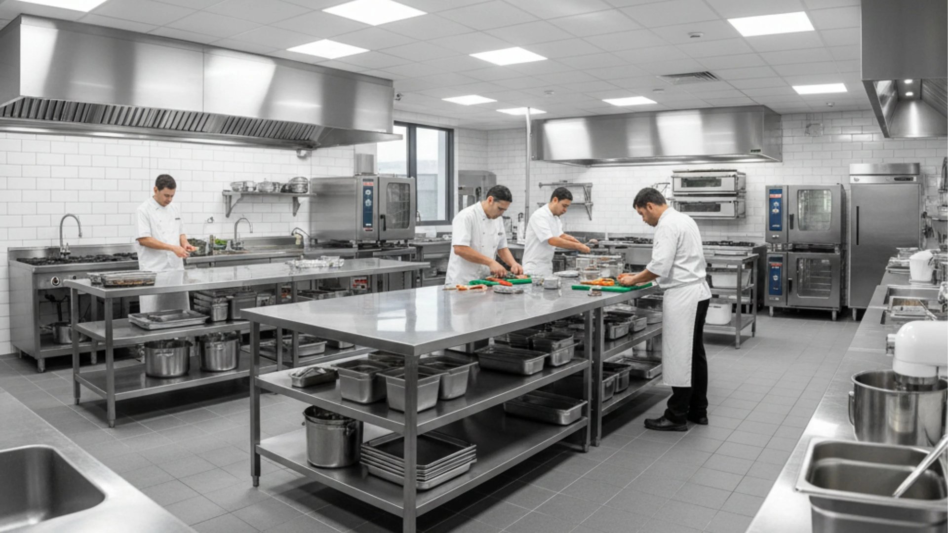 Professional chefs preparing food on large industrial stainless steel benchtops.