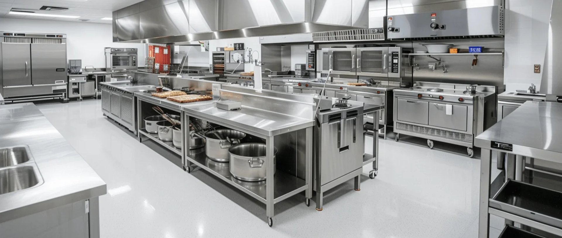 Large industrial kitchen layout featuring heavy duty stainless steel workbenches, prep tables, and cooking equipment.