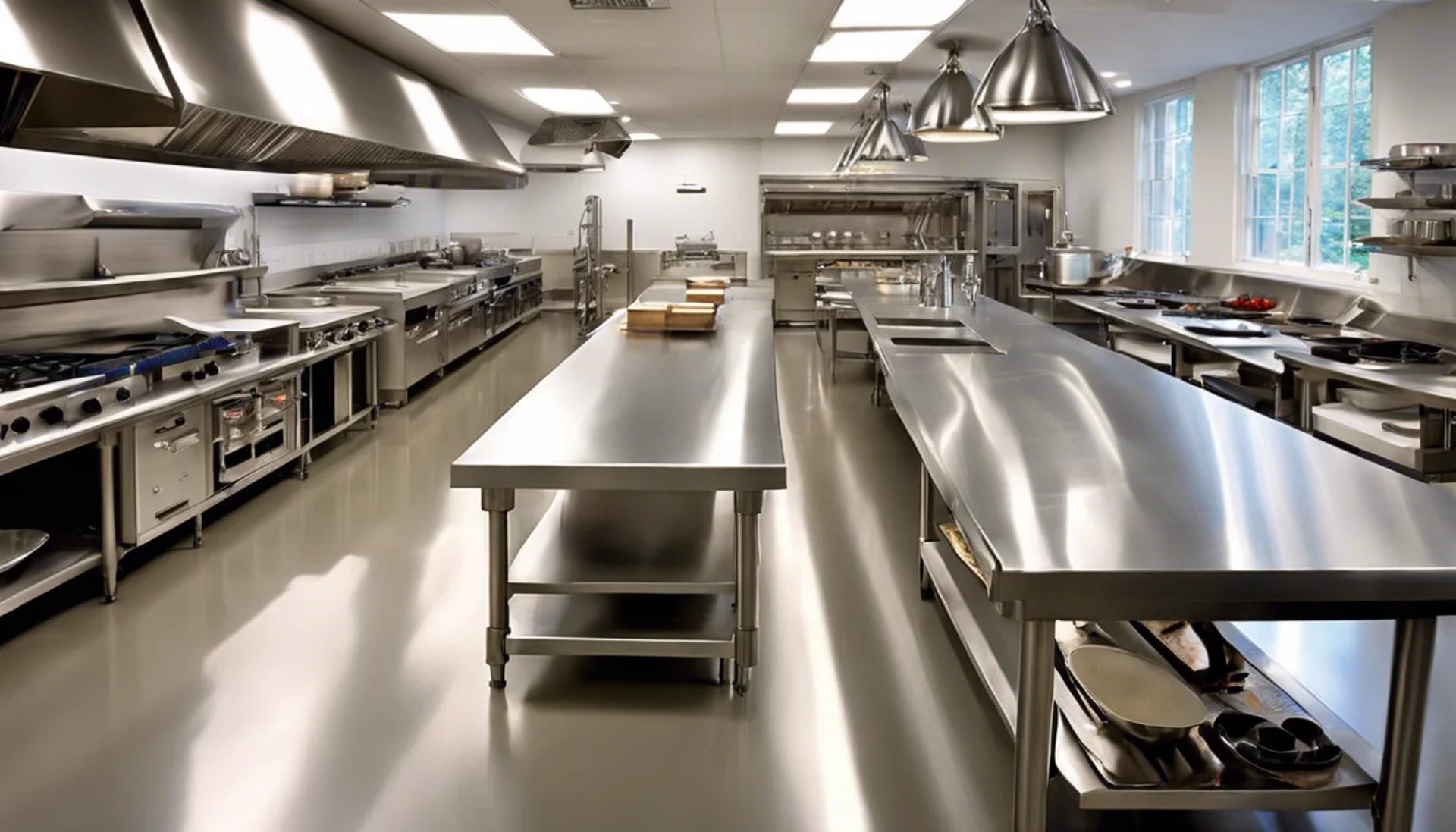 Commercial kitchen workspace featuring a light duty range of stainless steel prep tables.