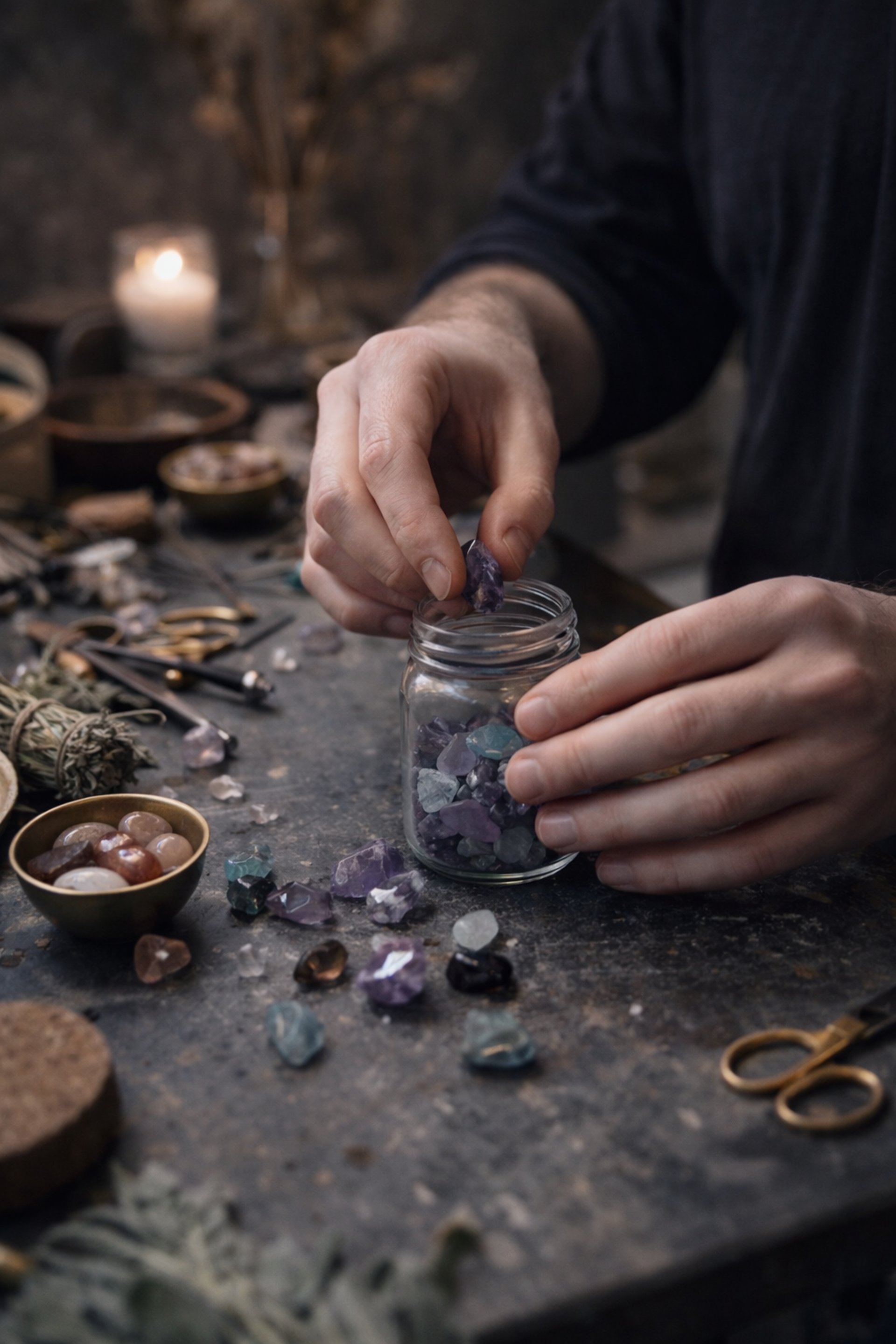 a group of rocks and crystals on a white surface