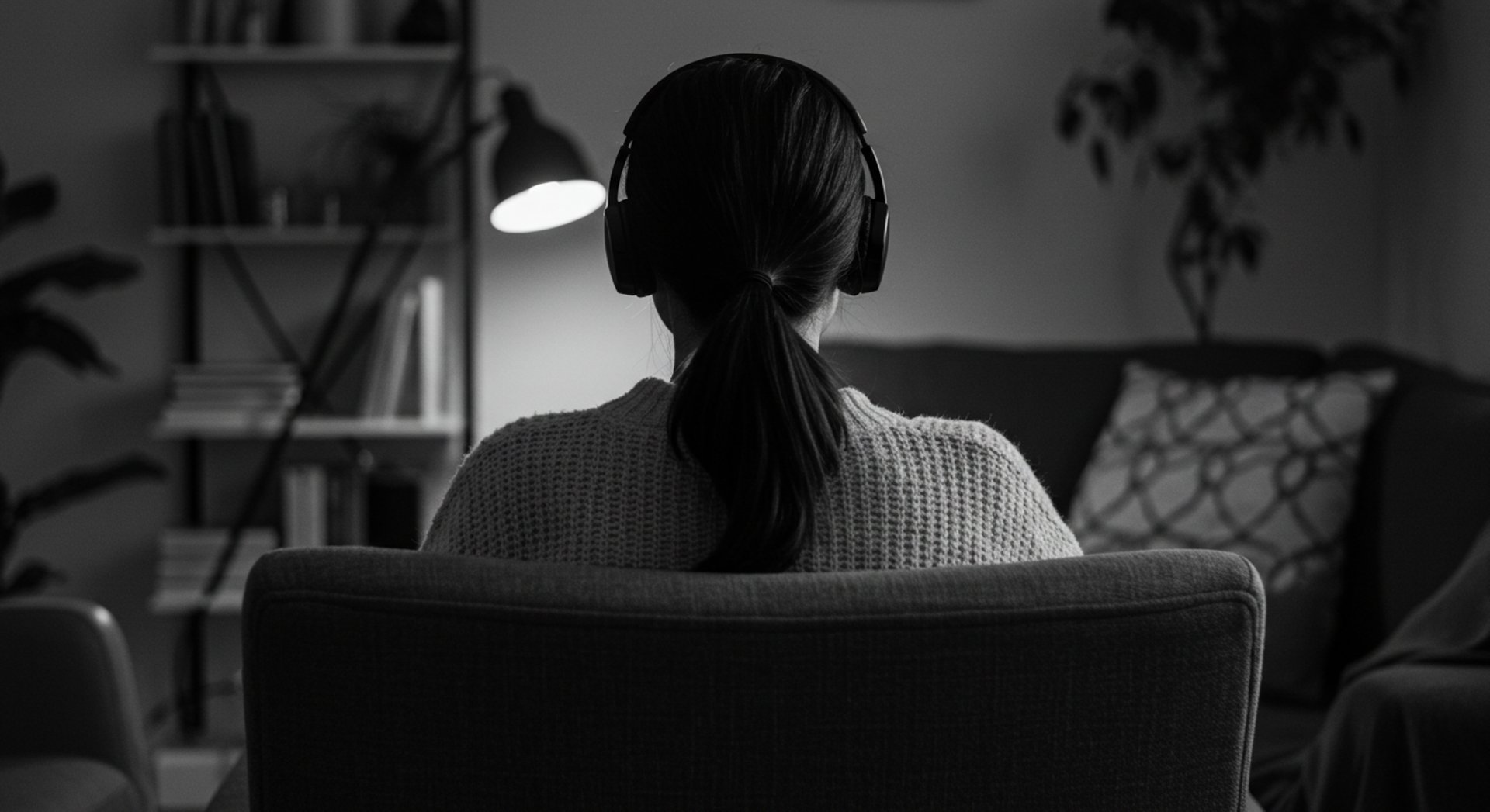 female business owner listening to podcast
