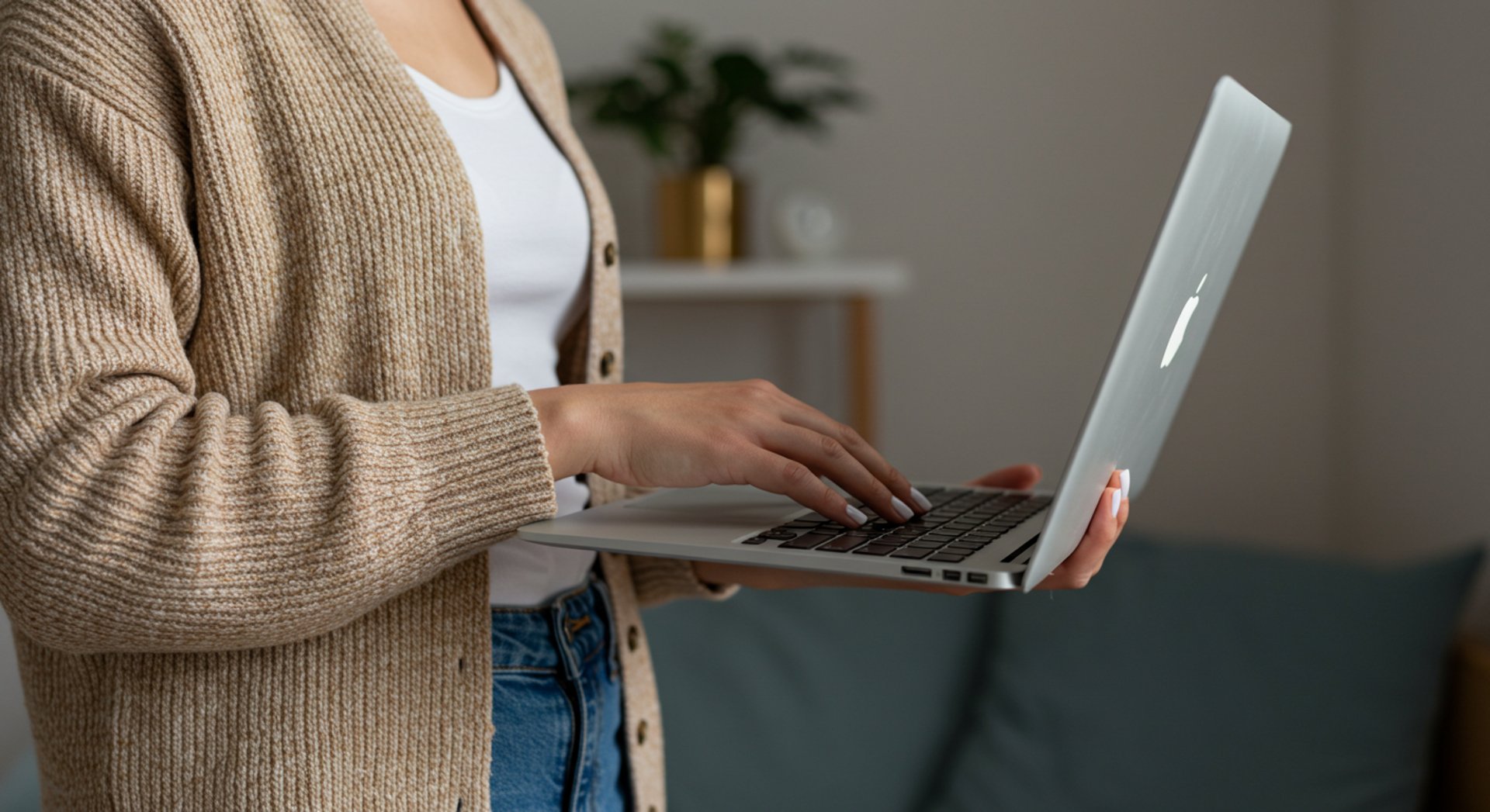 a business woman using her apple macbook in her cozy and luxury home