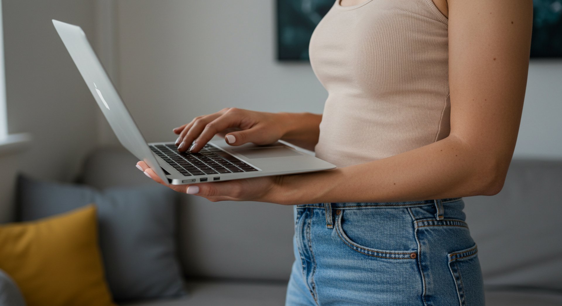 female business coach standing and using Apple laptop
