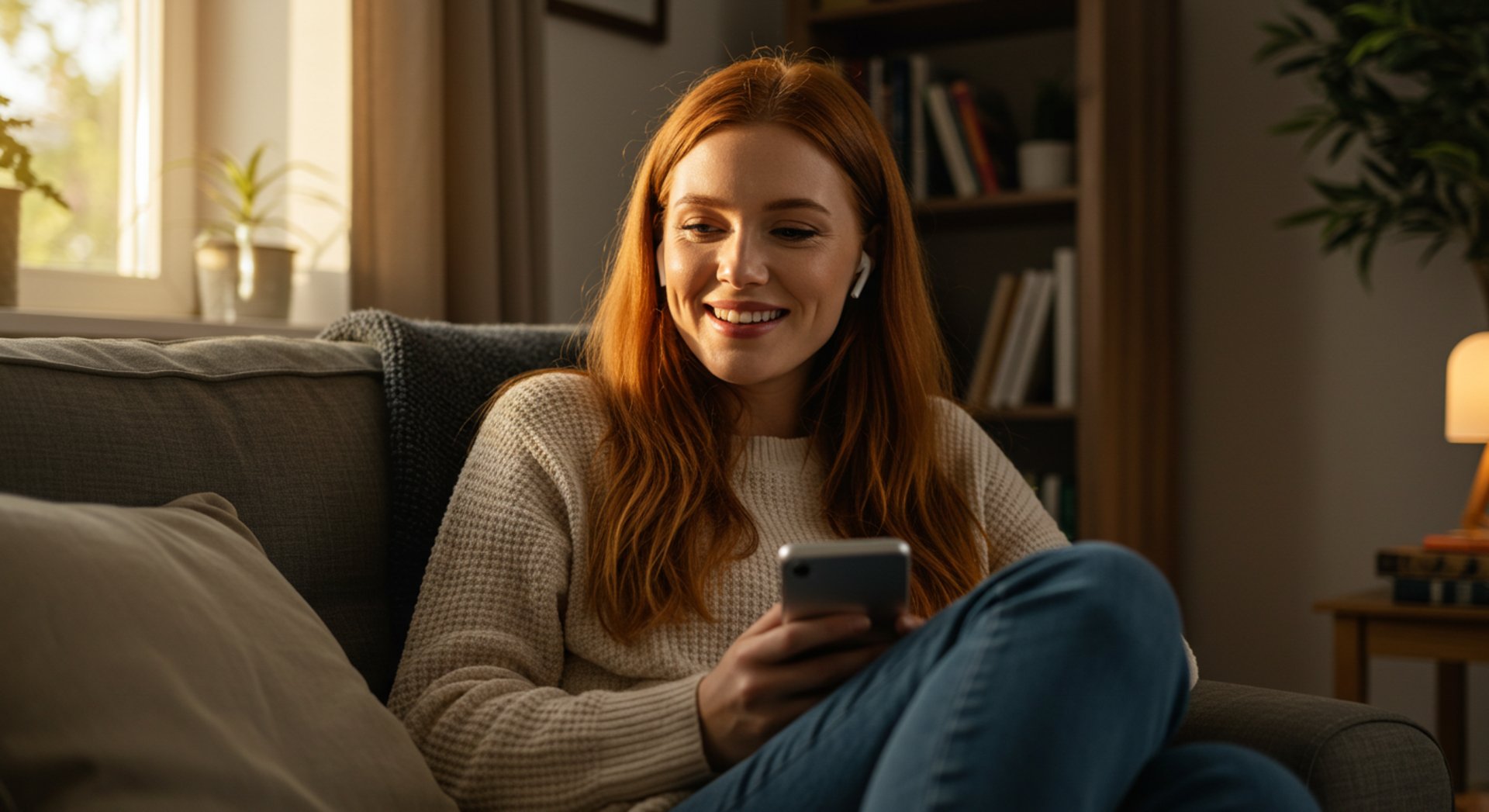 ginger hair business woman listening to podcast episode on her phone in her home