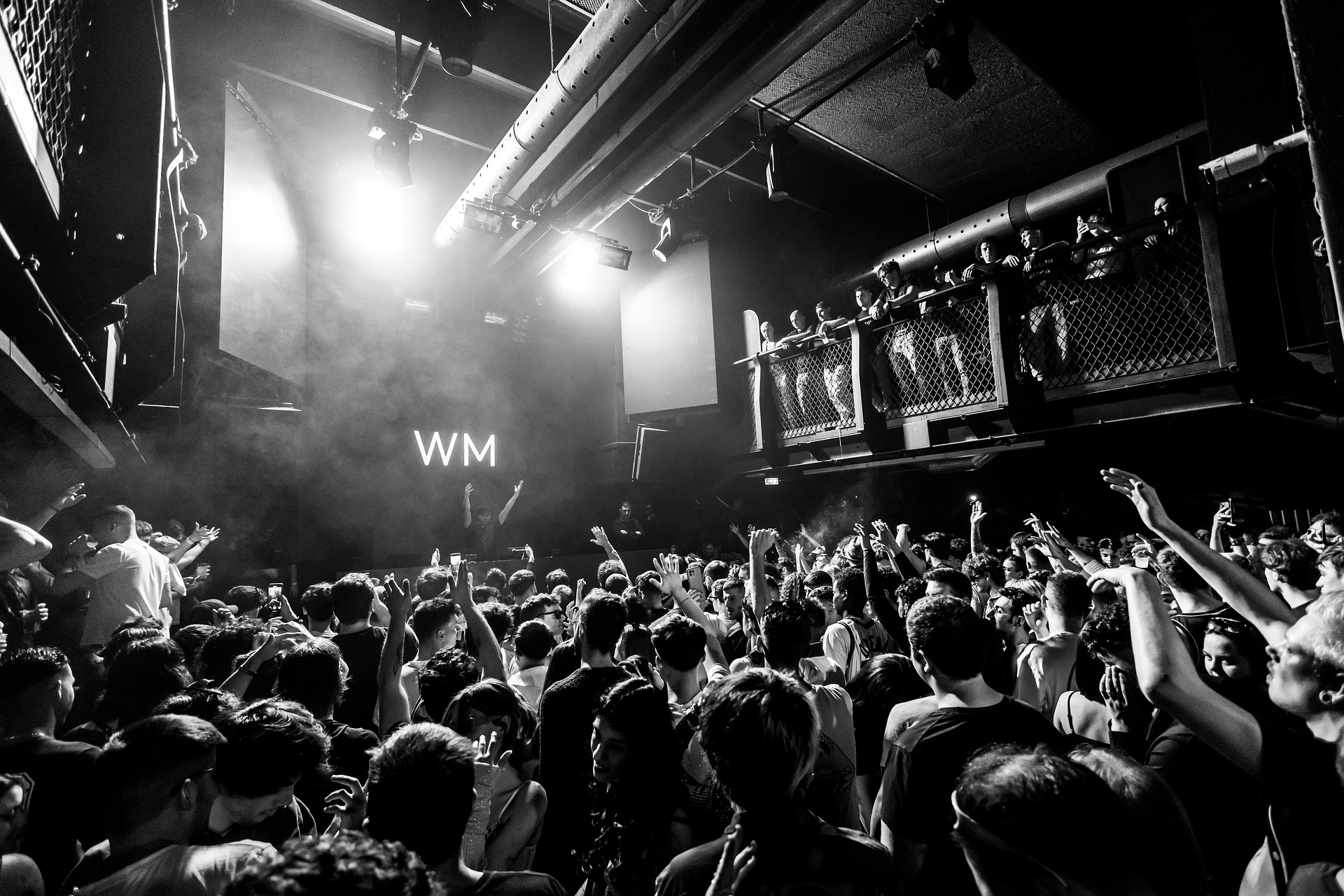 a black and white photo of a large audience inside a club enjoying a concert