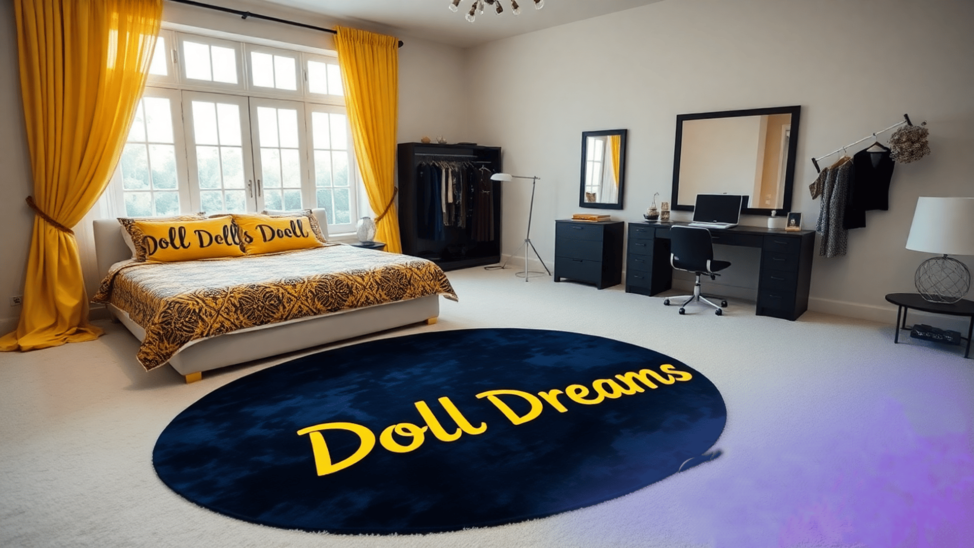 An AI generated image of one of the bedroom studios in the Doll Dreams house. Large bed, makeup mirror & rug with Doll Dreams
