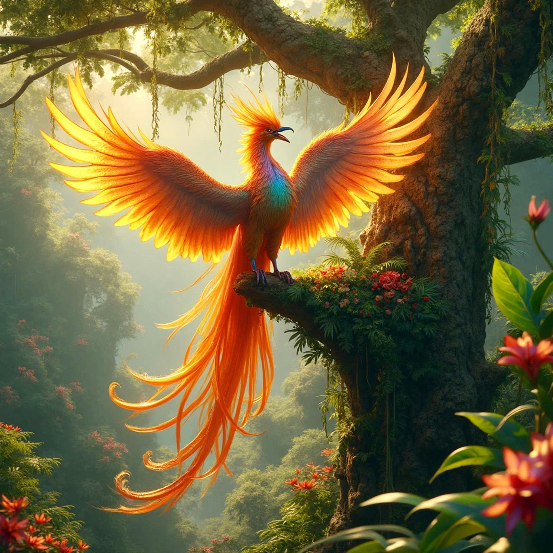 Un phénix qui se pose sur une branche d'arbre