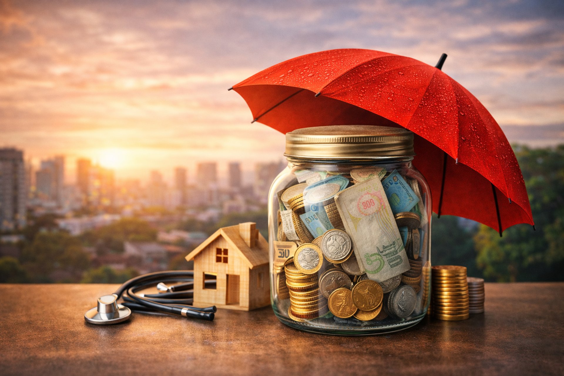Pote com dinheiro protegido por um guarda-chuva, simbolizando a reserva de emergência e a segurança financeira...
