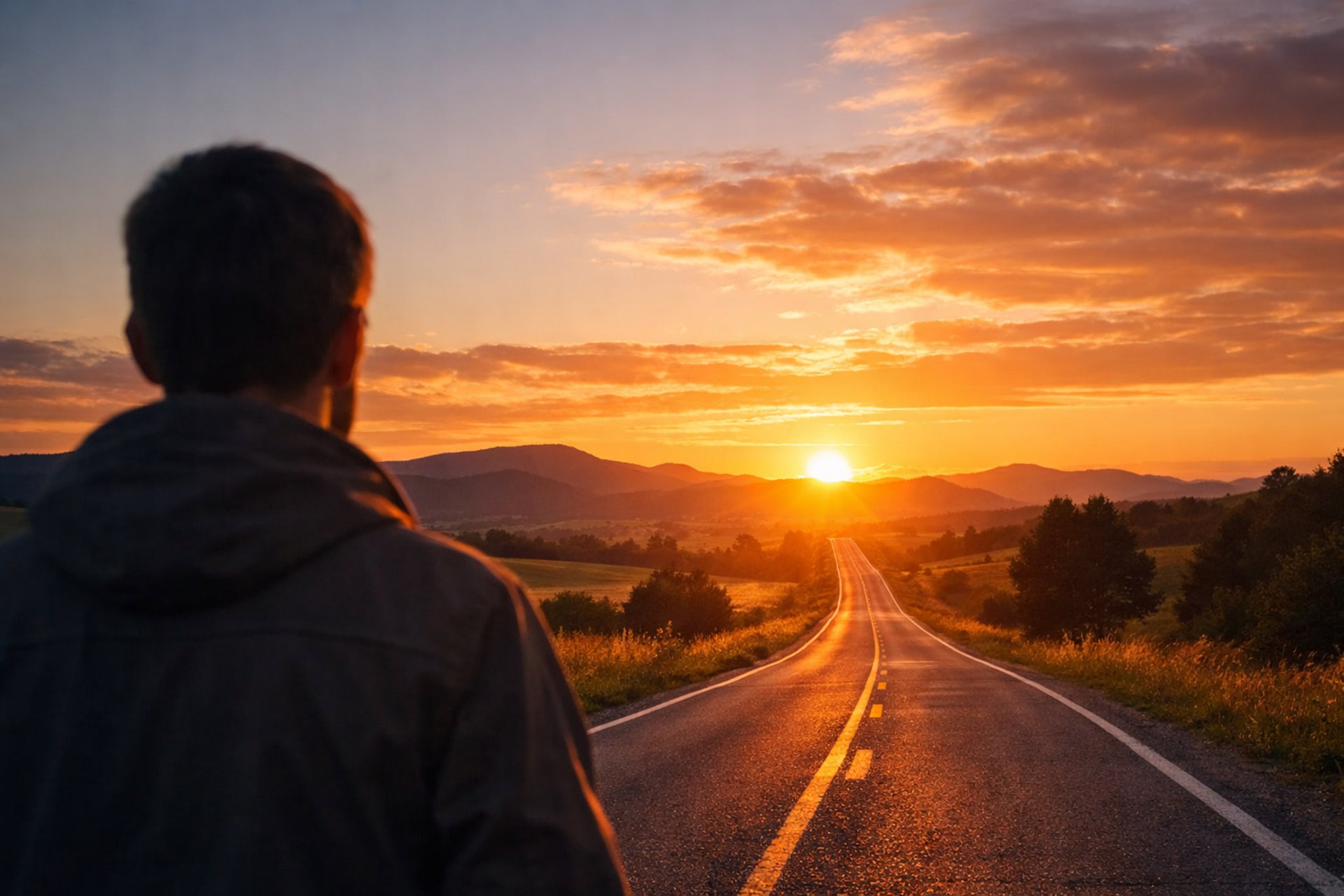 Pessoa observando uma estrada ao pôr do sol, simbolizando o tempo como o maior ativo e a jornada rumo à liberdade financeira