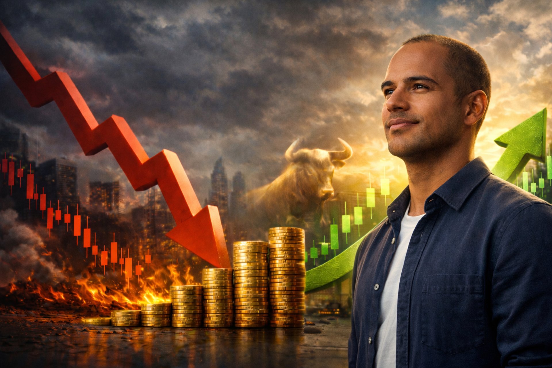 “Jovem investidor observando mercado financeiro entre queda e crescimento.”