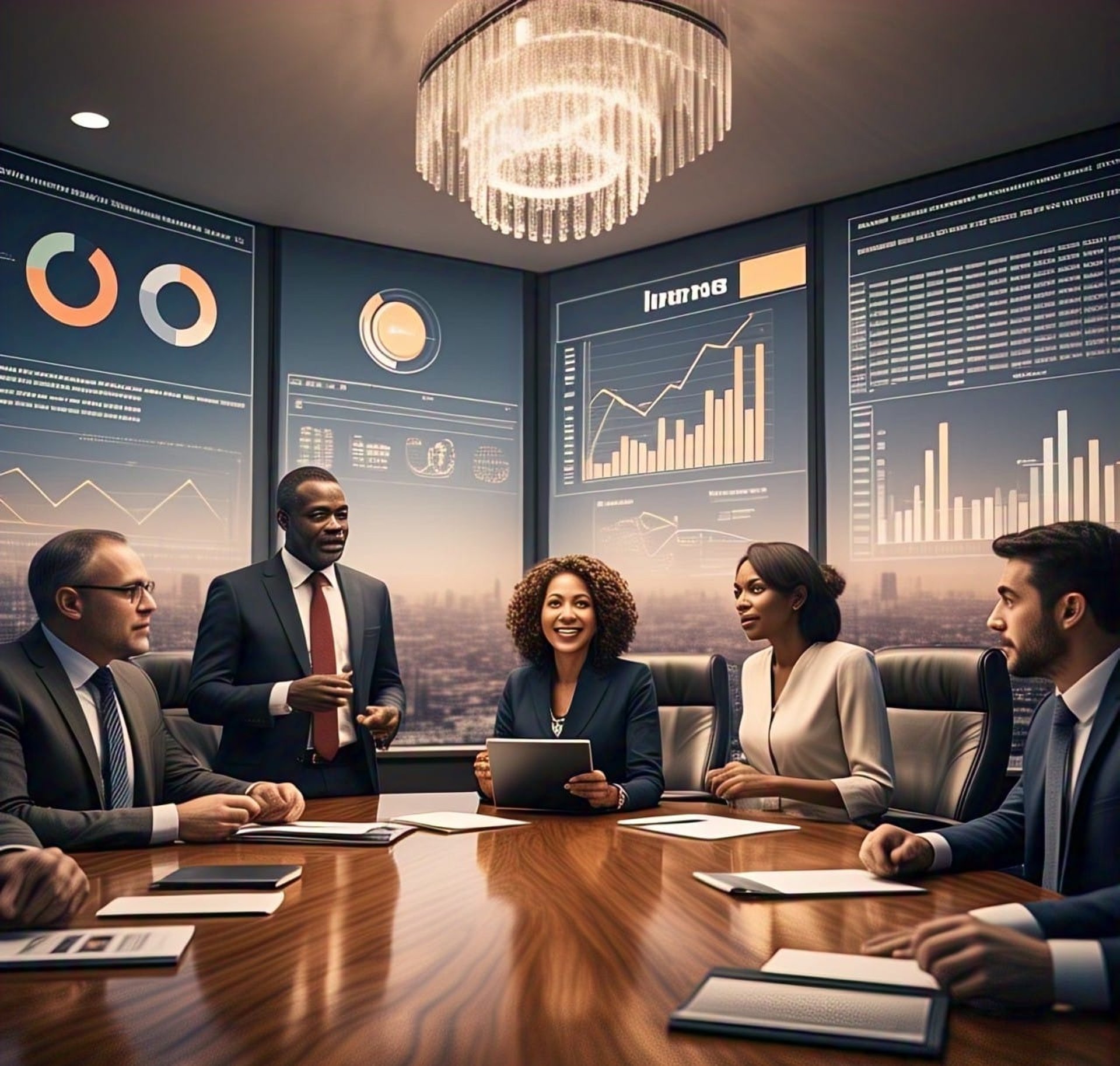 Reunião corporativa em uma sala moderna com investidores analisando gráficos financeiros e estatísticas em telas digitais, re