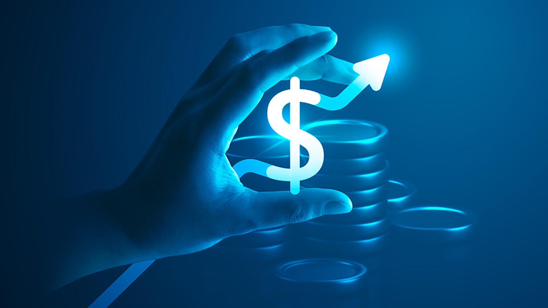 "Imagem conceitual de investimento e finanças mostrando uma mão segurando um ícone de cifrão ($) com uma seta apontando para 