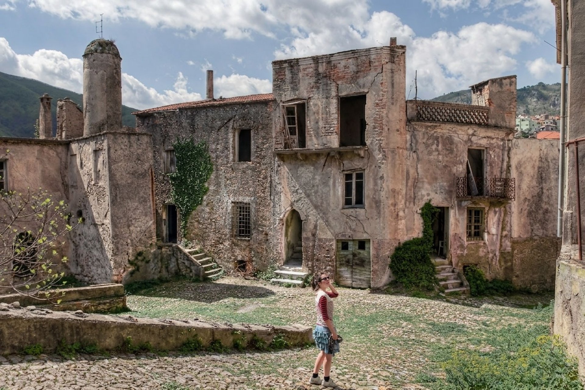 Erica Fossati standing in an abandoned historic Italian village assessing restoration potential