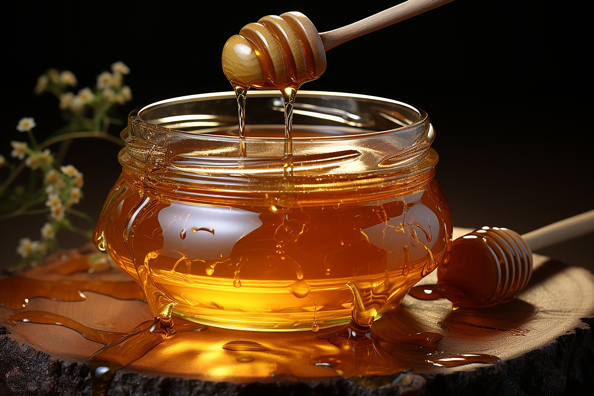 a honey dripping from a spoon onto a honeycomb