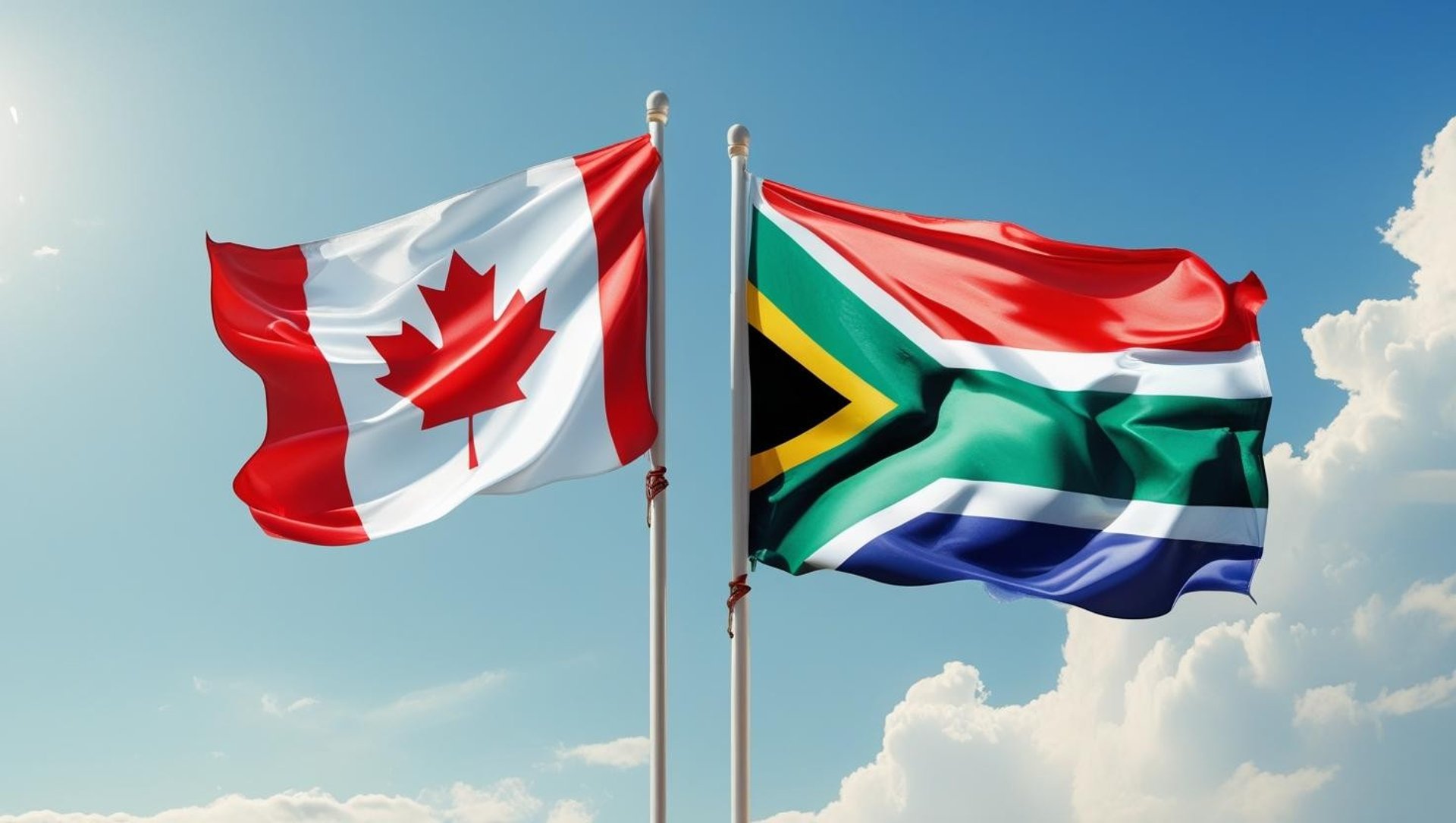 two american and canadian flags flying in the wind