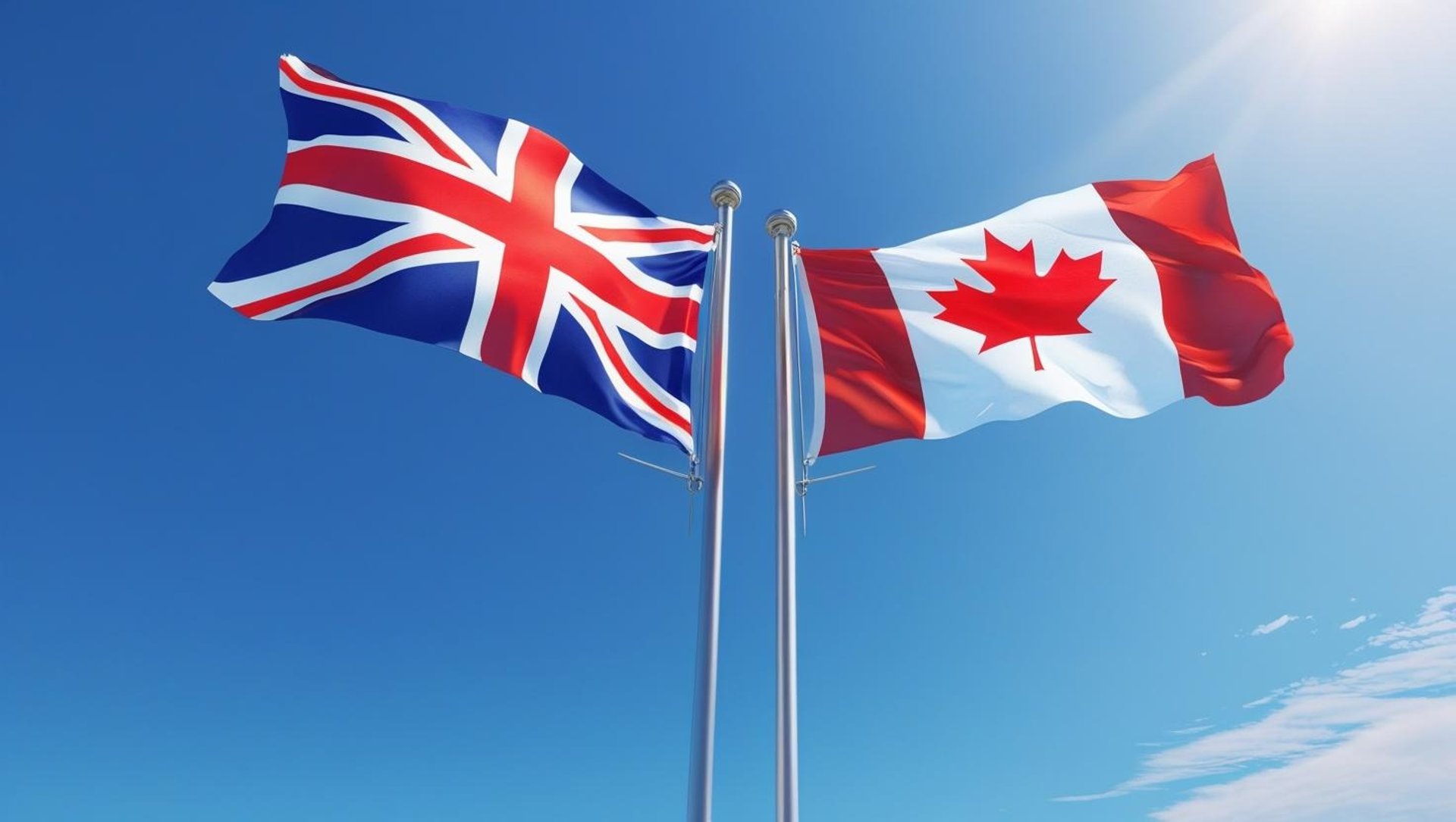 two american and canadian flags flying in the wind