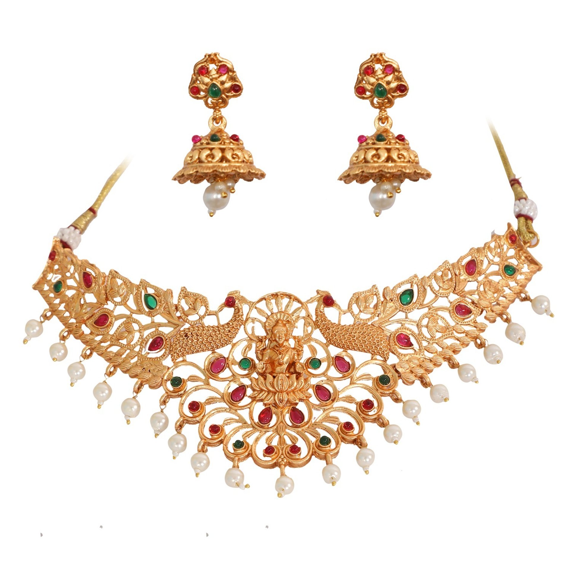 Jeweled necklace is held with henna-decorated hands.