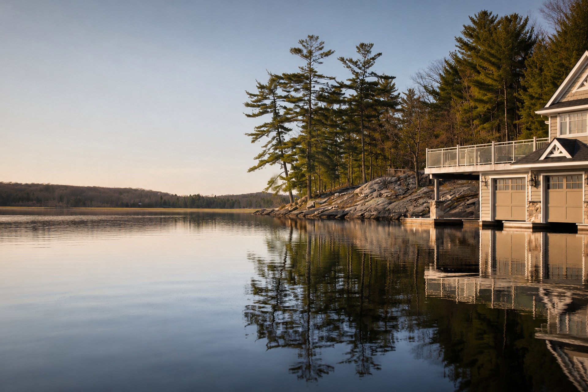 a small boat in a body of water surrounded by trees