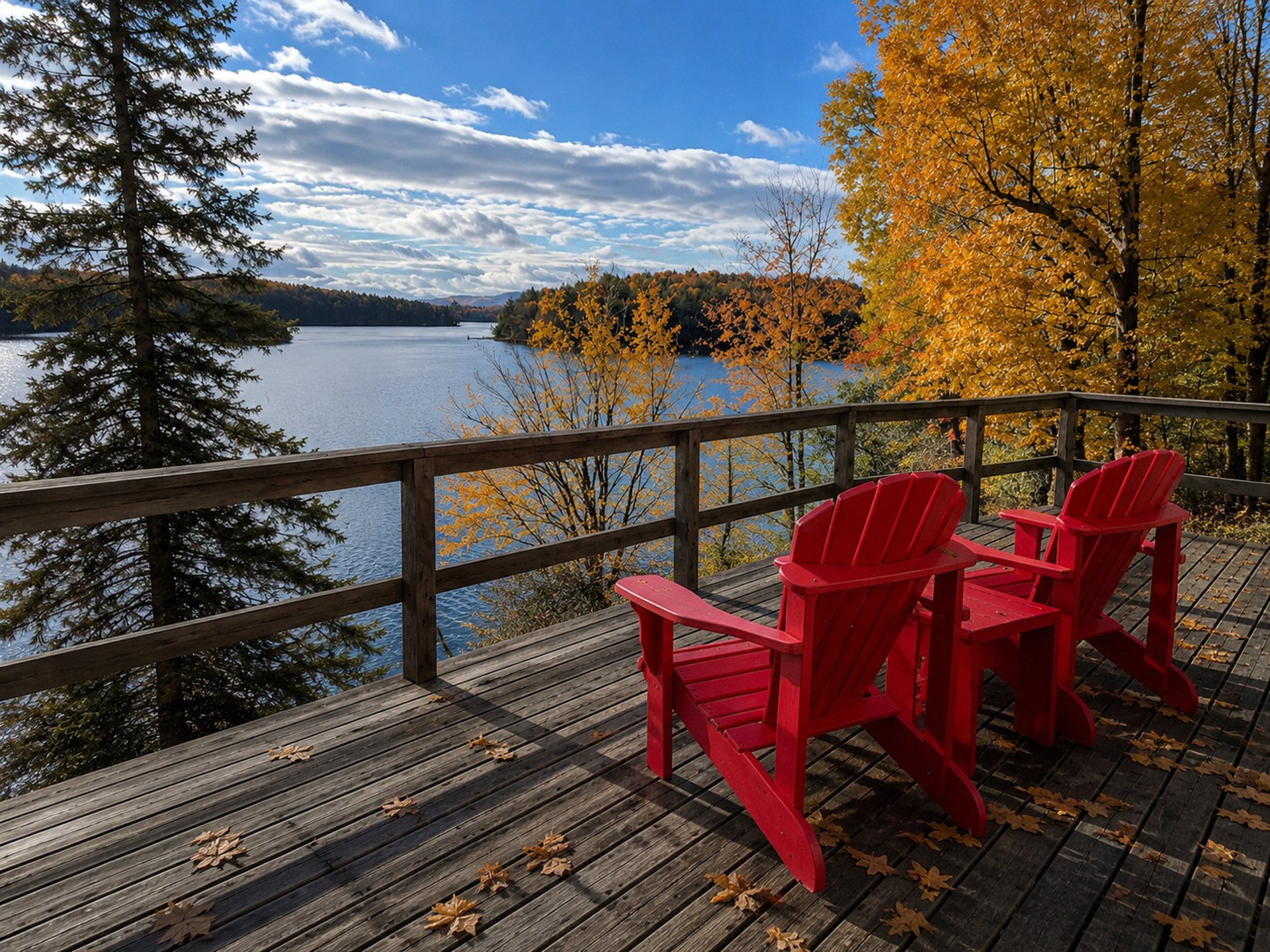 a body of water with a dock and chairs on it