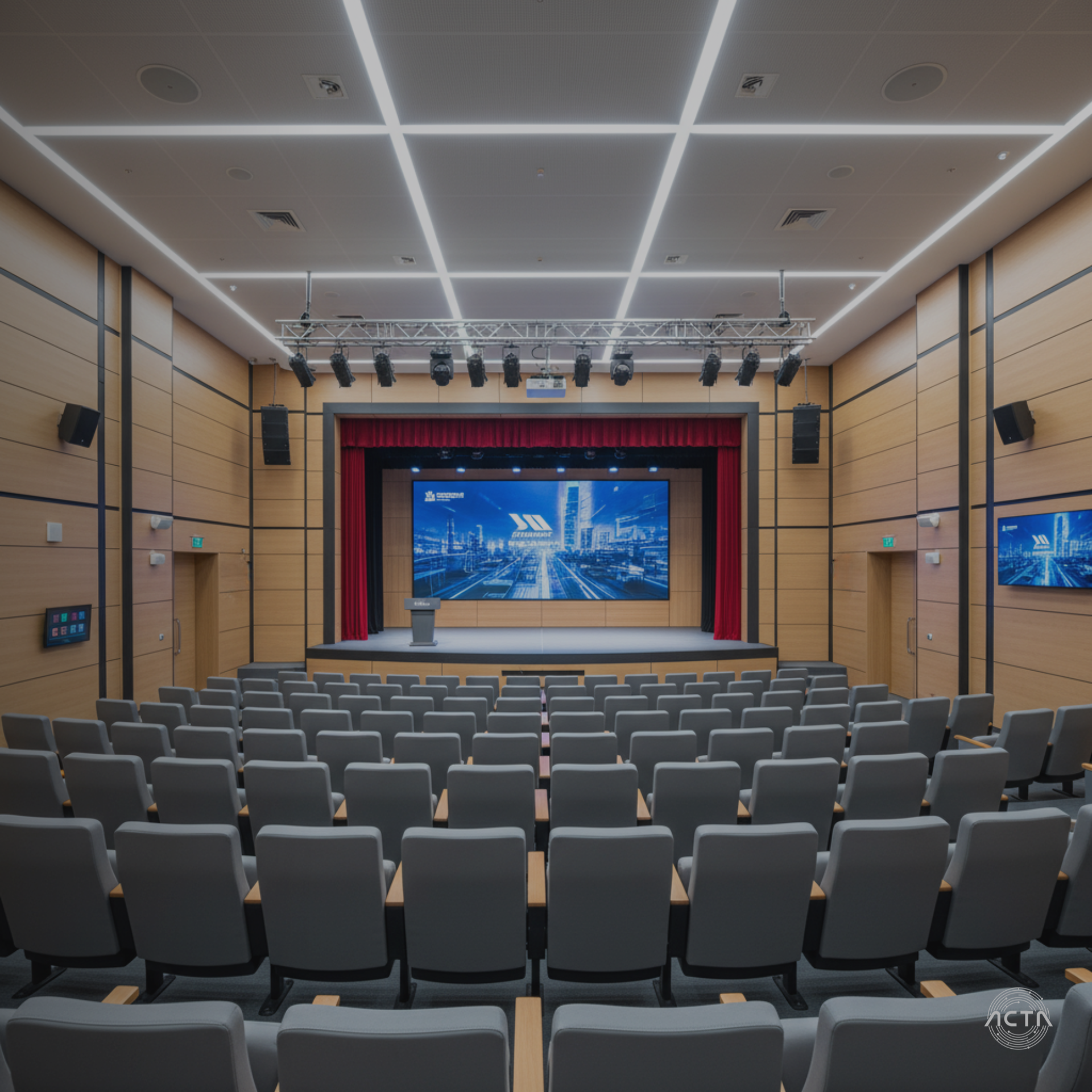 a conference room with a large black table and orange chairs