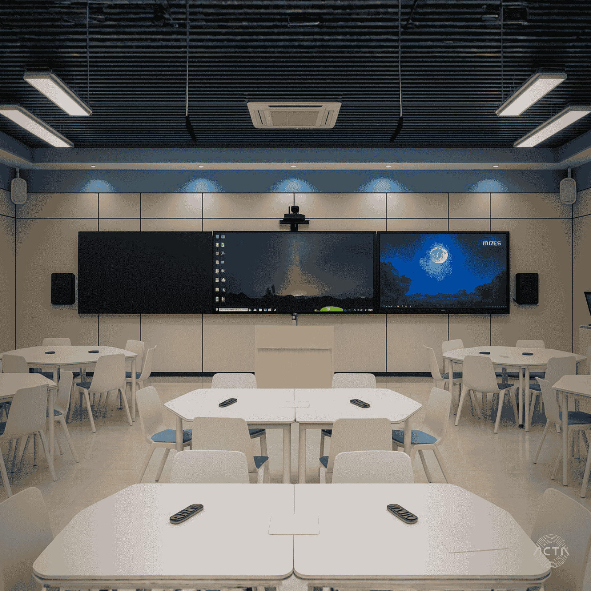 a conference room with a large black table and orange chairs