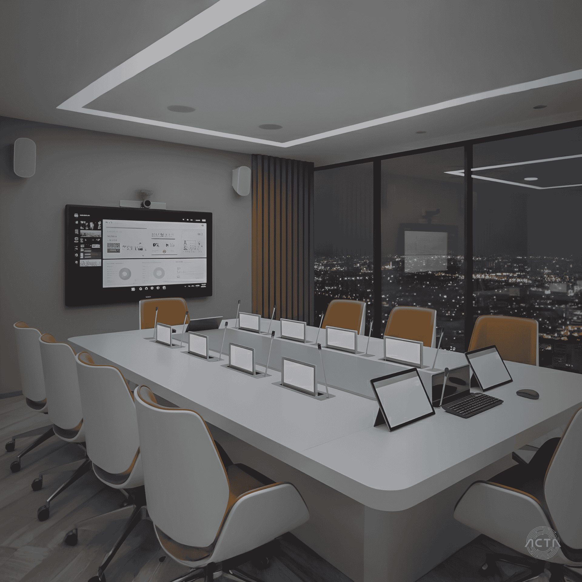 a conference room with a large black table and orange chairs