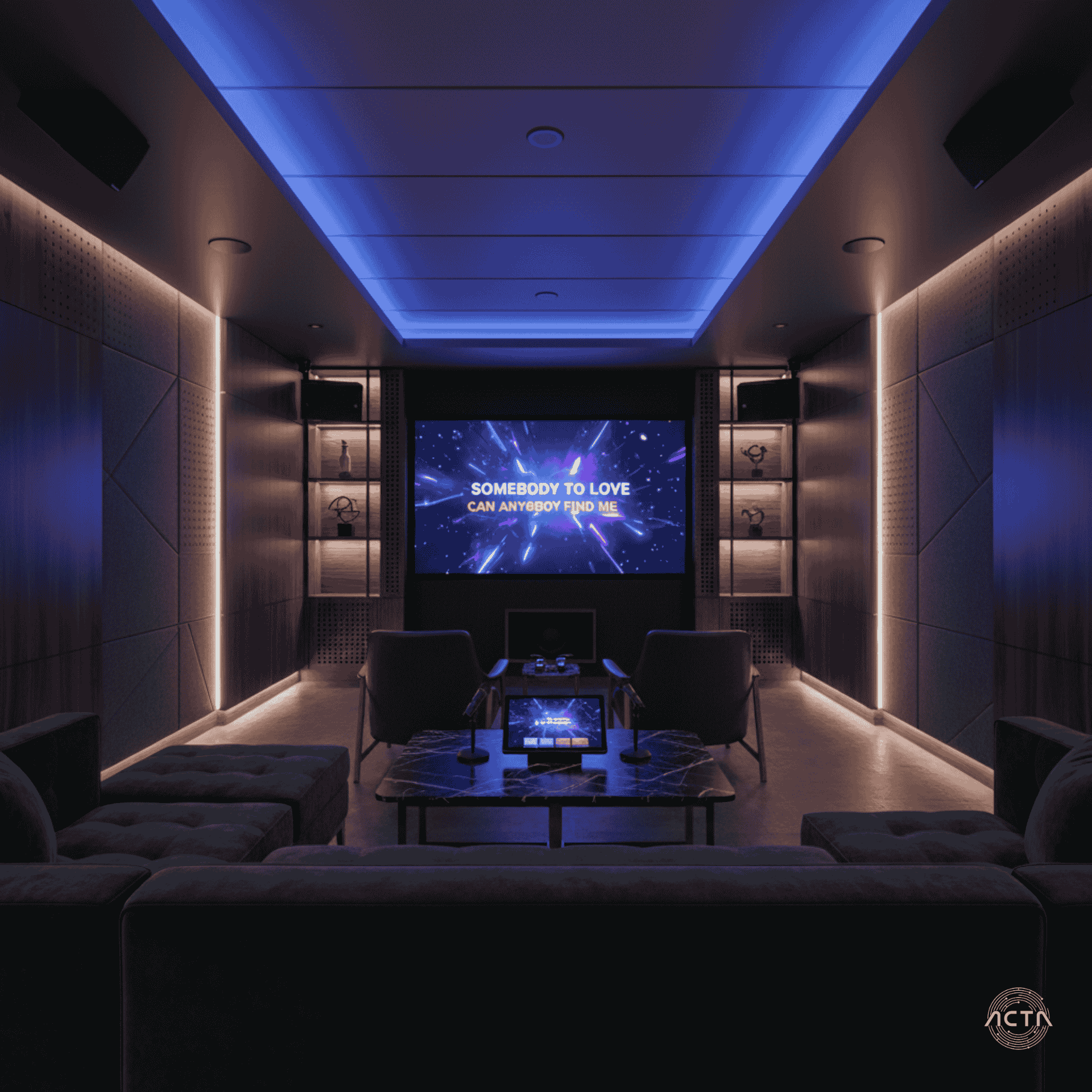 a conference room with a large black table and orange chairs