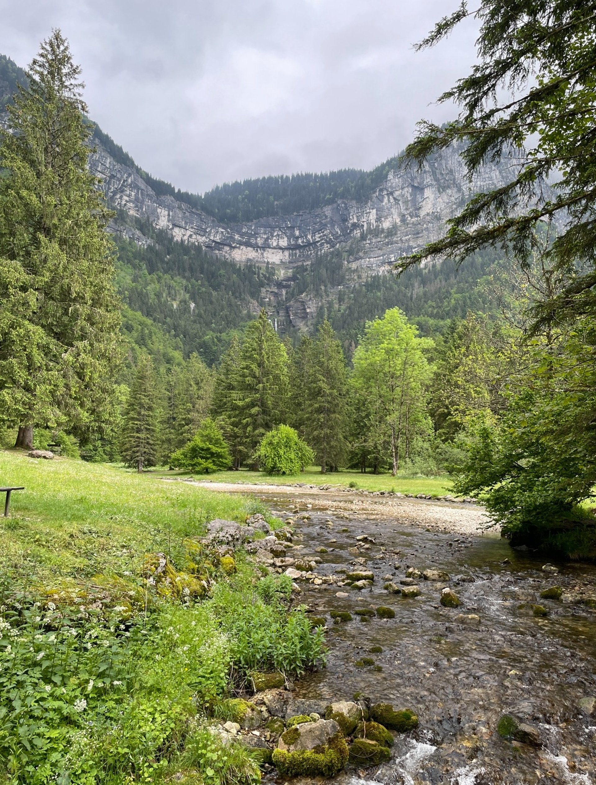 waterfalls on green and gray mountain under white clouds and blue sky during daytime