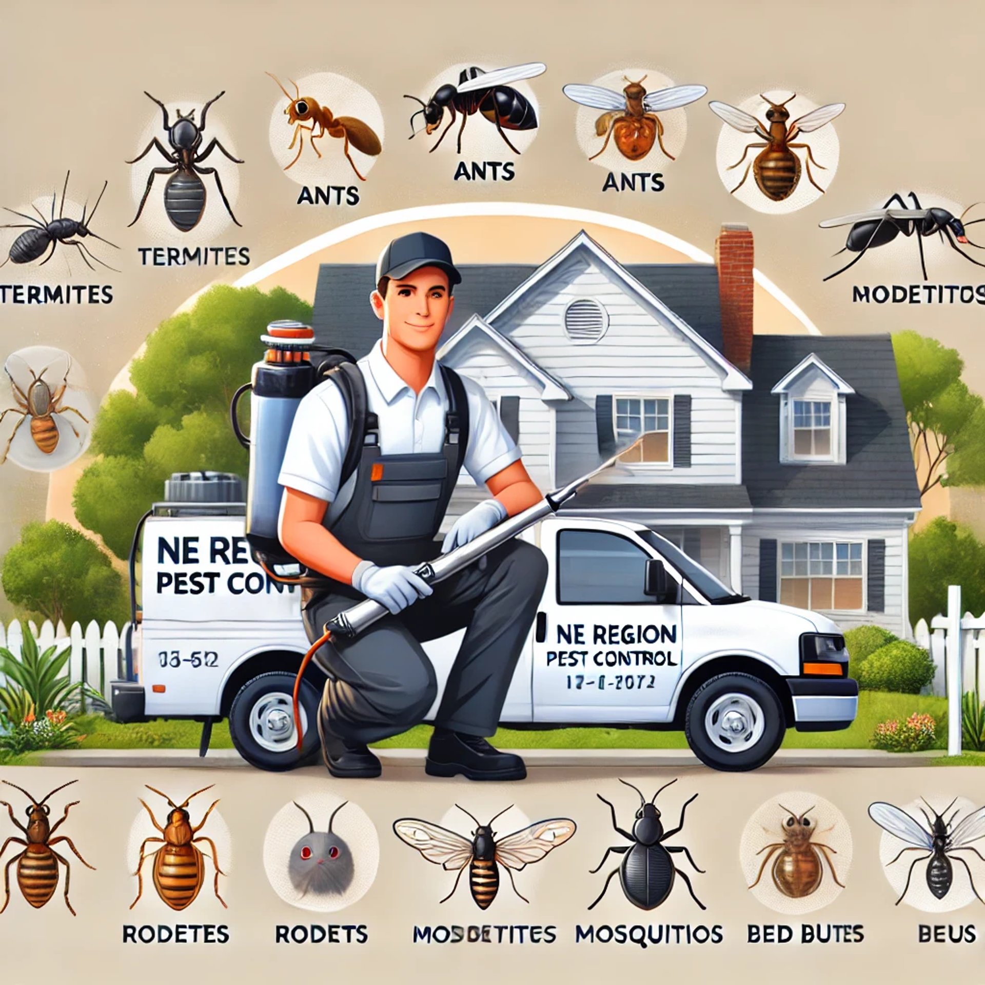 A clean, bright photo of a technician at work or a home exterior with a subtle "Guaranteed Pest-Free" badge.