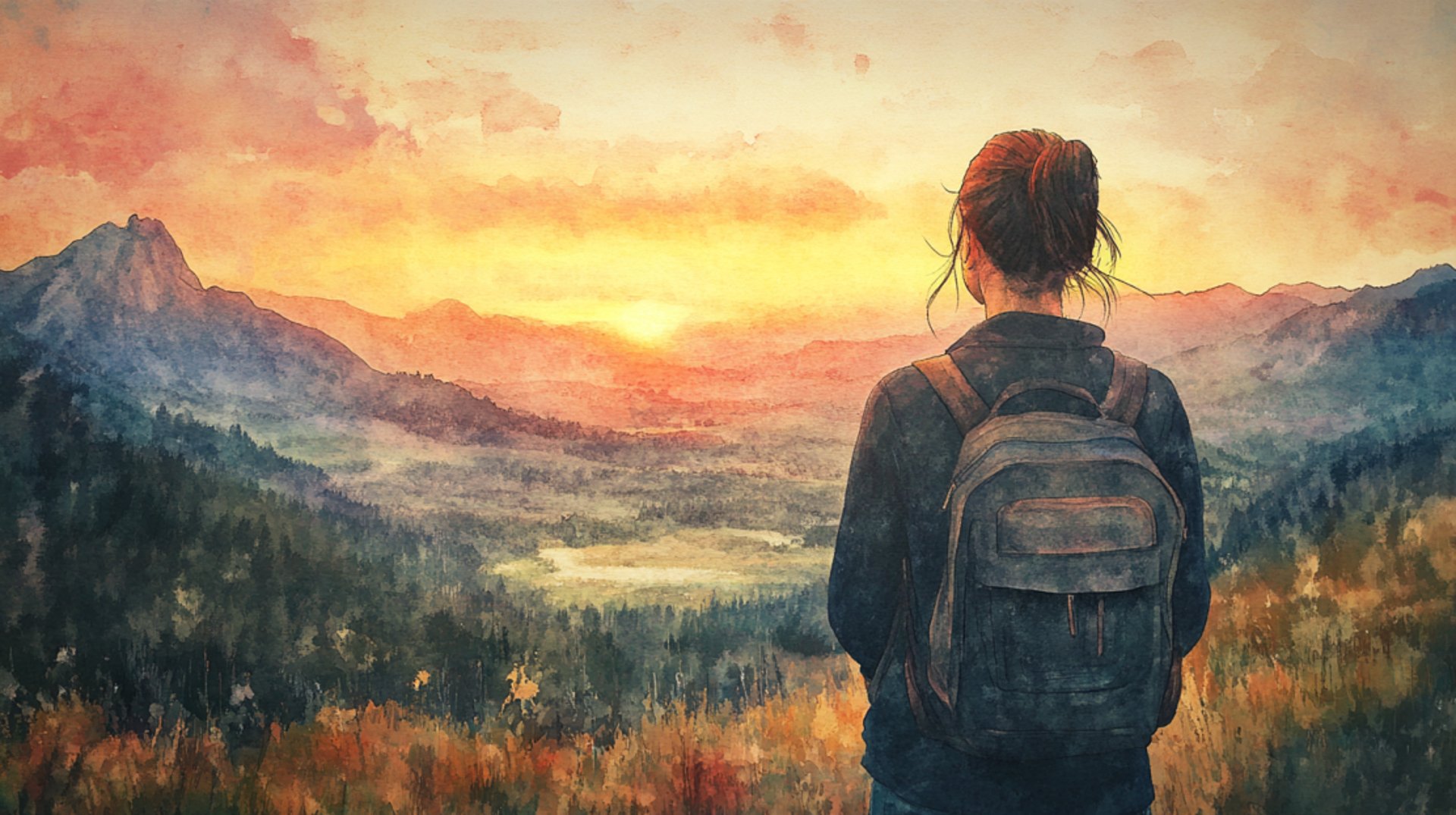 A woman wearing a backpack gazes at the sunset over the mountains.