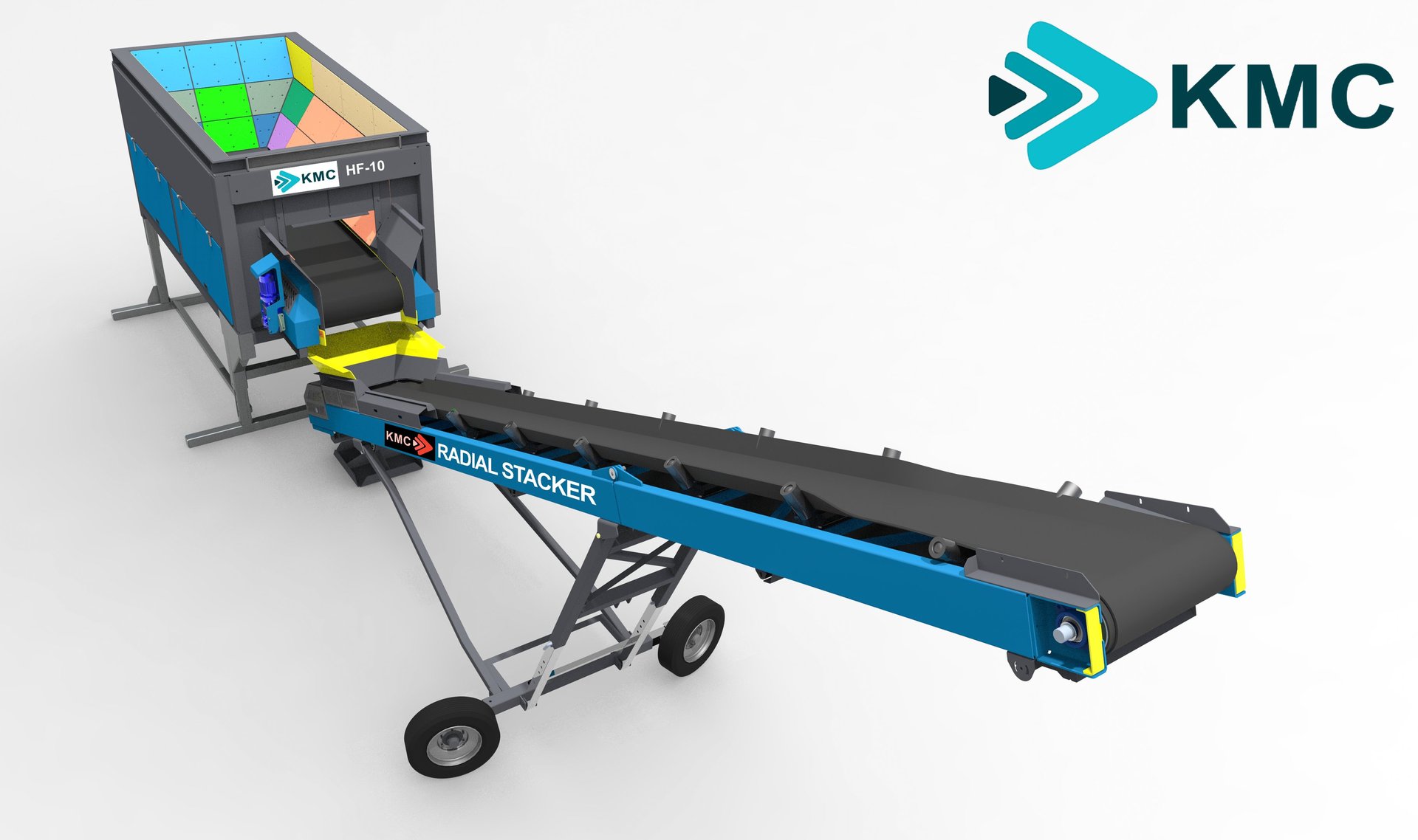 Static feeder and radial discharge conveyor in blue