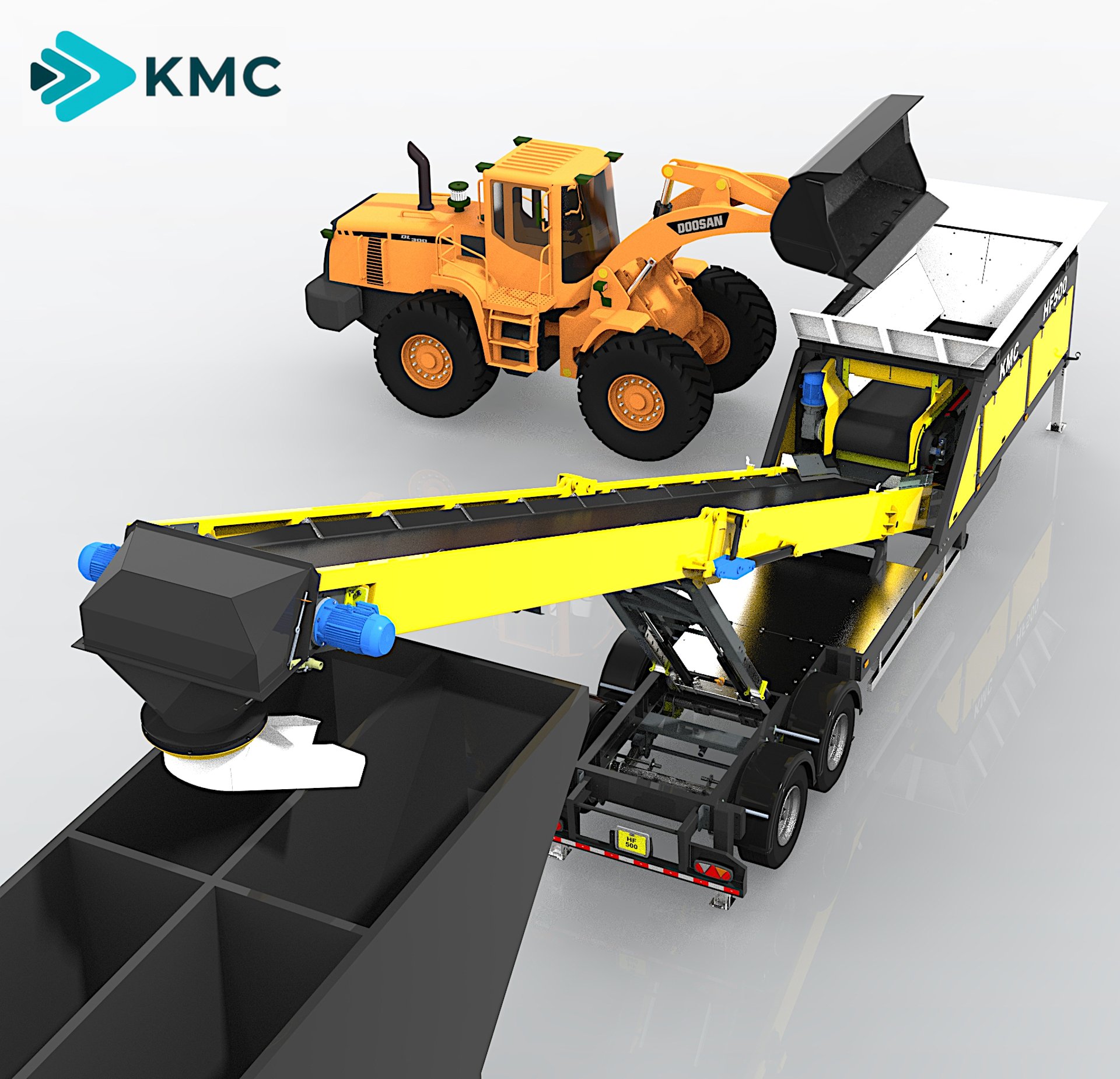 wheeled high level feeder and loading shovel in yellow