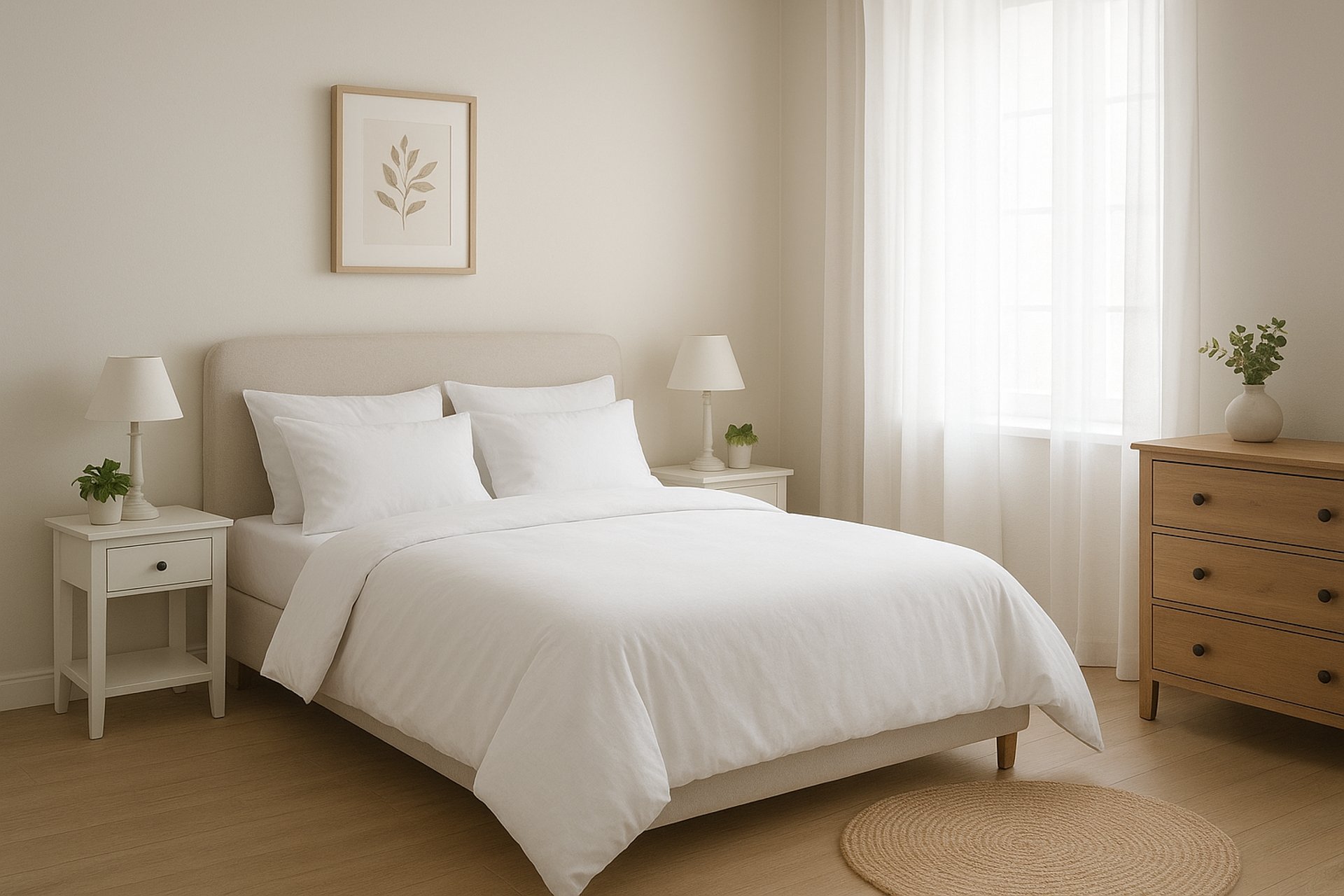 a bed with white sheets and pillows in a room