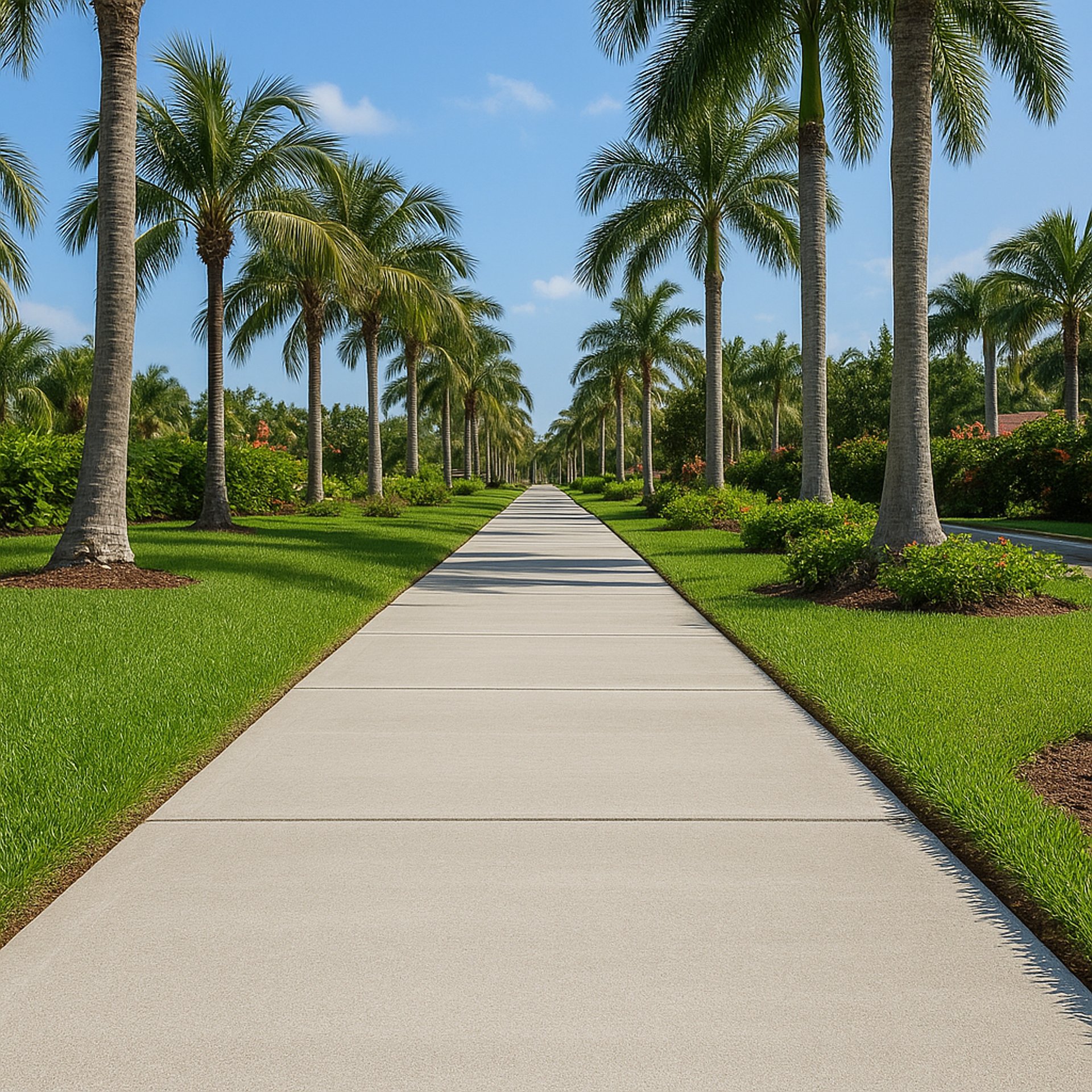 a walkway lined with palm trees next to a sidewalk