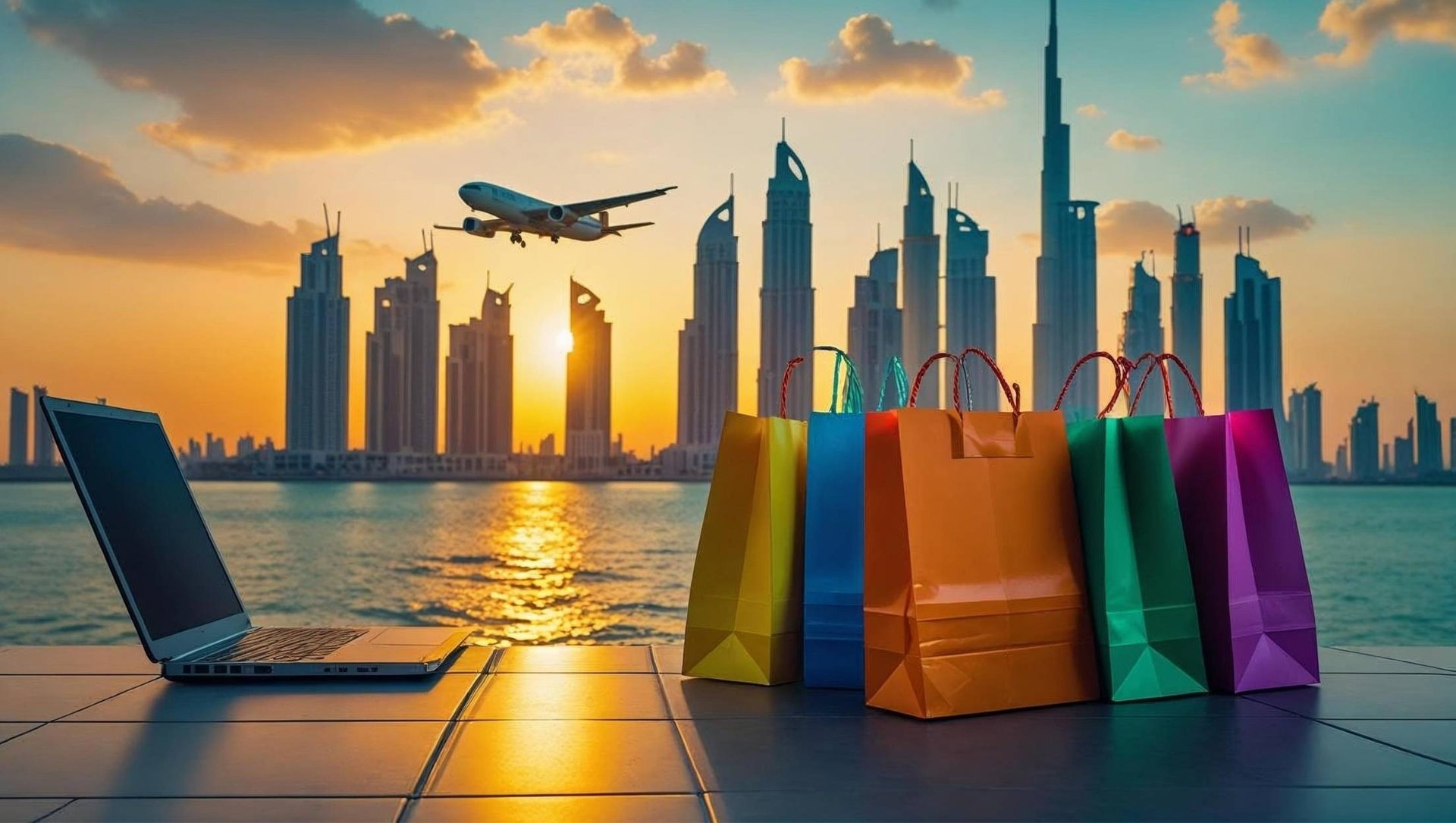 Dubai skyline with airplane, shopping bags, and laptop for UAE deals.
