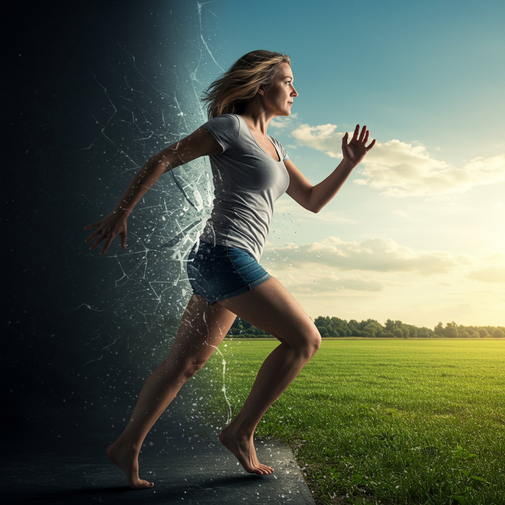 a person in a dress running in a grassy area