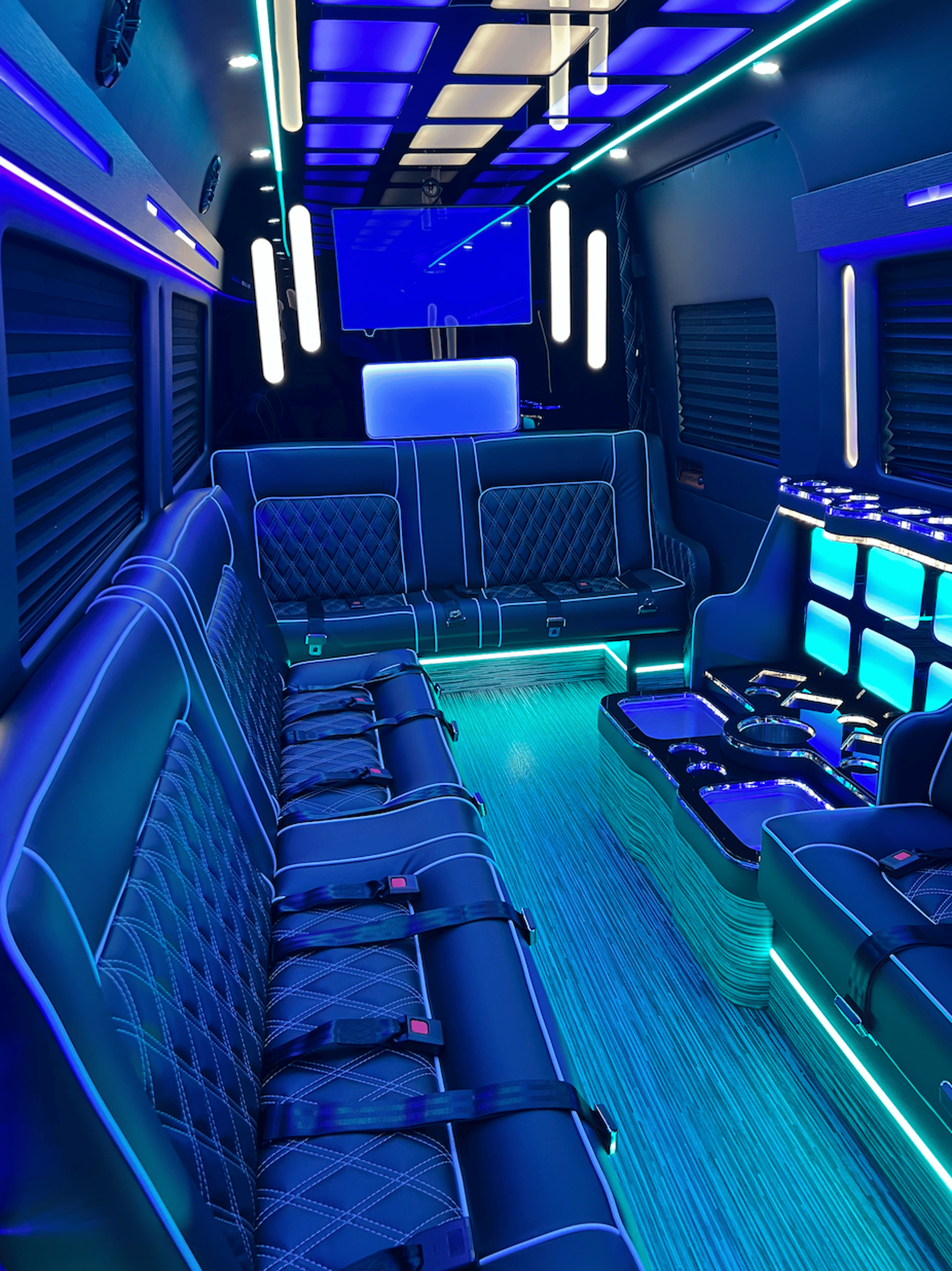 the interior of a vehicle with black leather seats