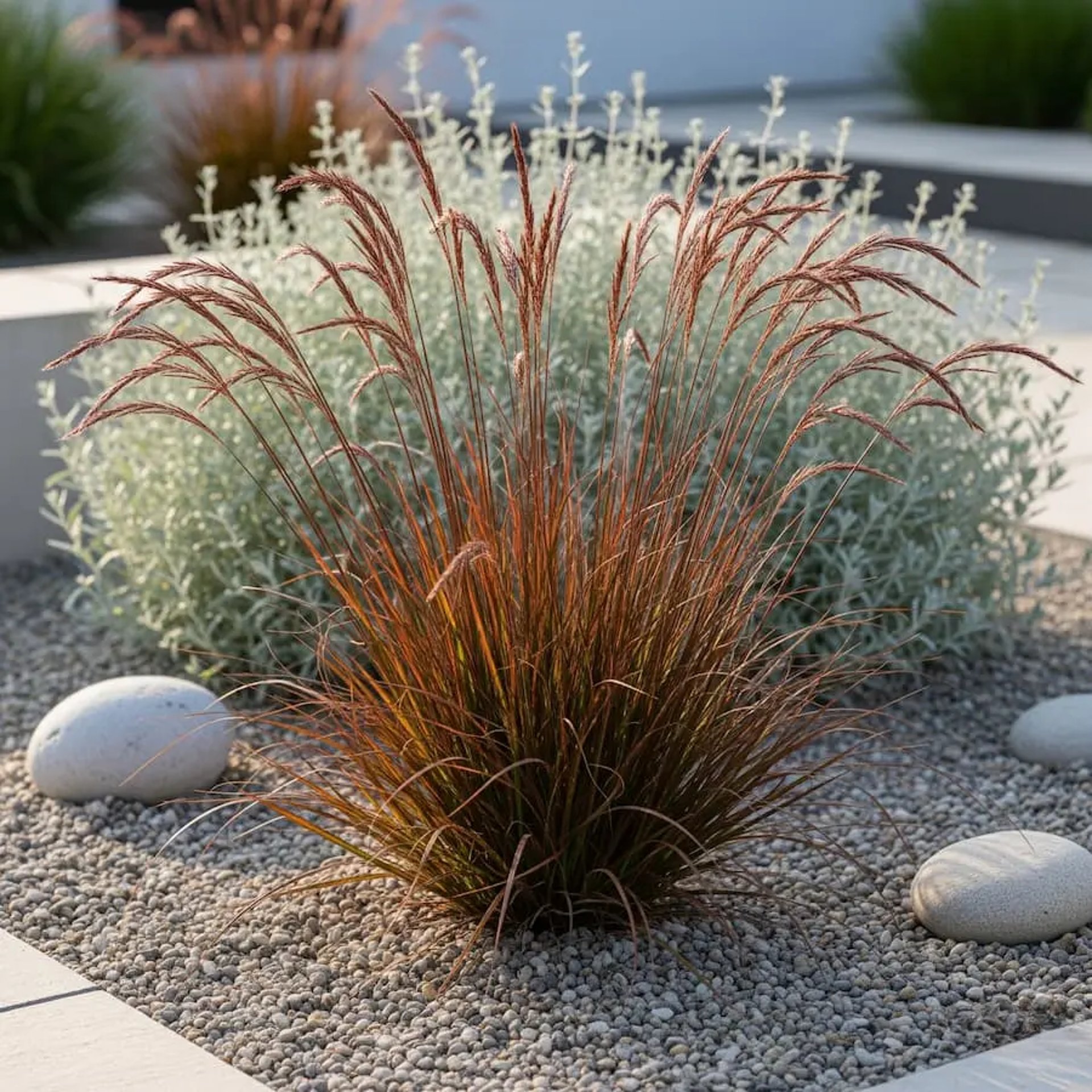 jardín sostenible con gramíneas y aromáticas
