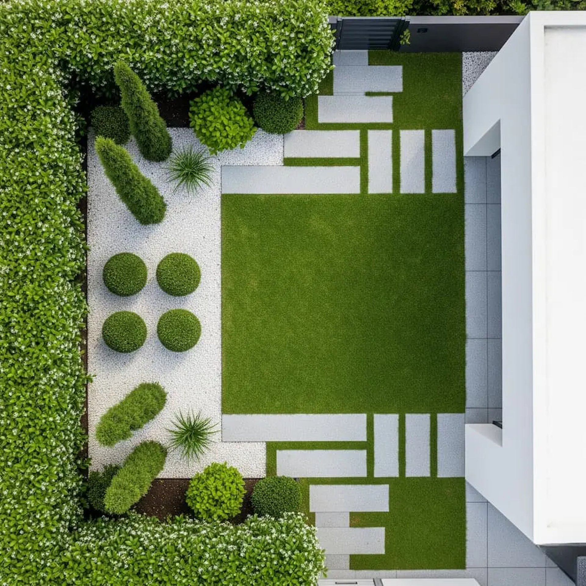 Jardin ordenado minimalista combinando texturas y formas