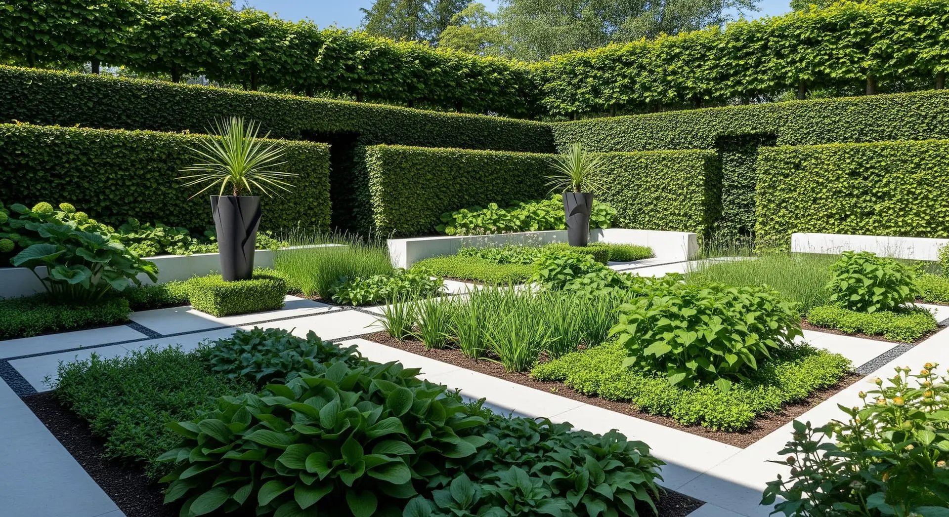 Jardín moderno con setos a distinto nivel