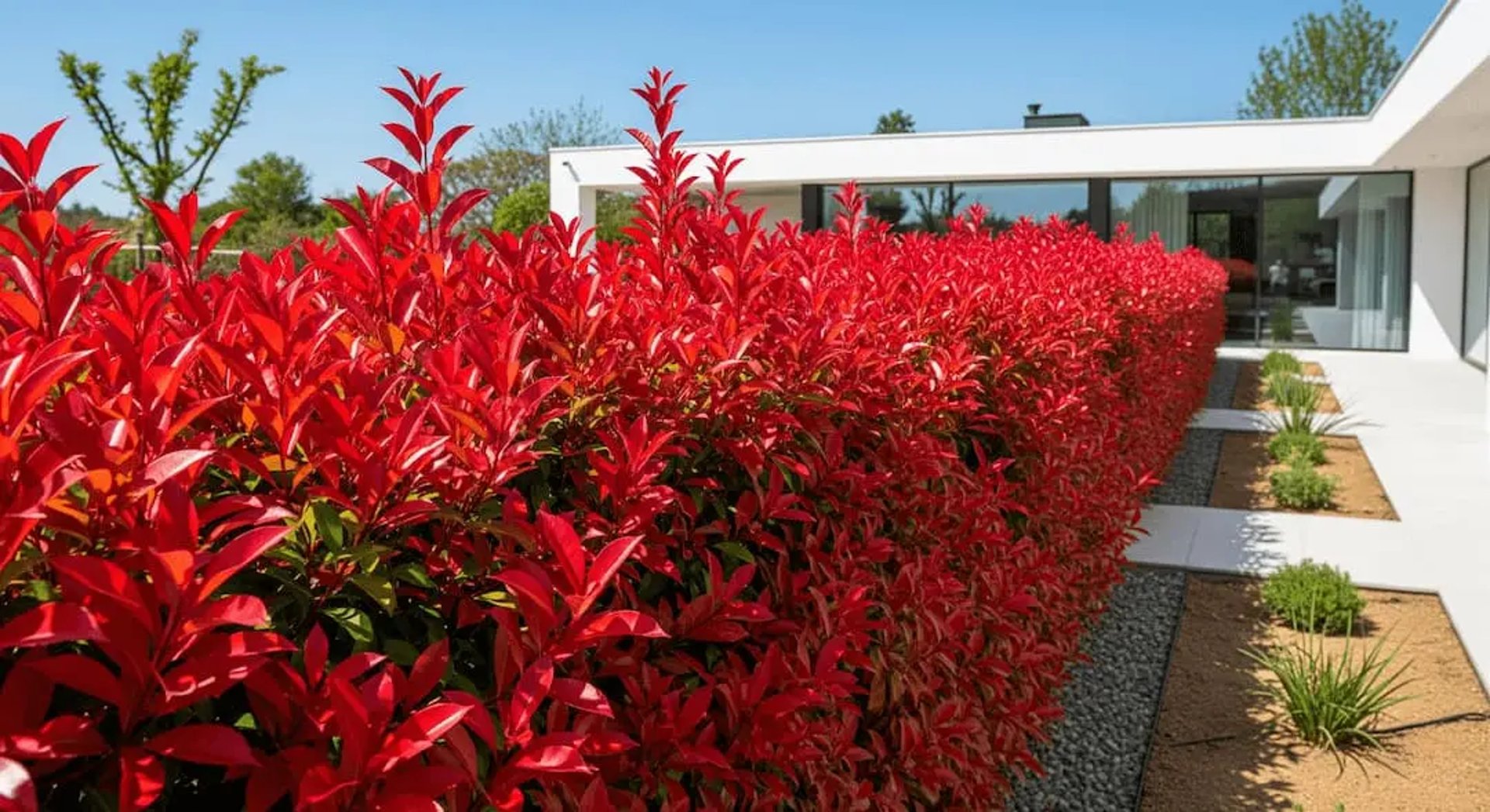 Seto de fotinia carre rouge en plena explosión de hoja nueva en primavera