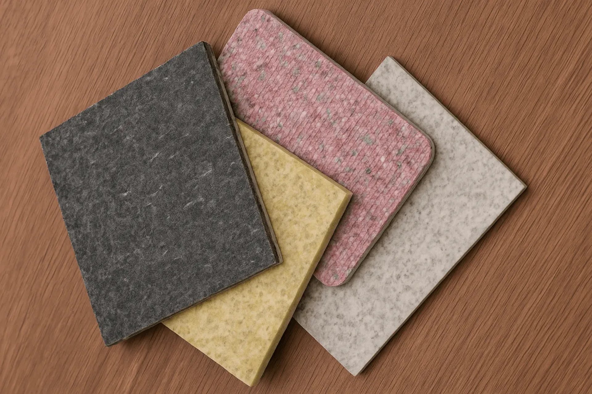 Side view of stacked different types of underpads for residential carpeting by Master Carpet in London, Ontario