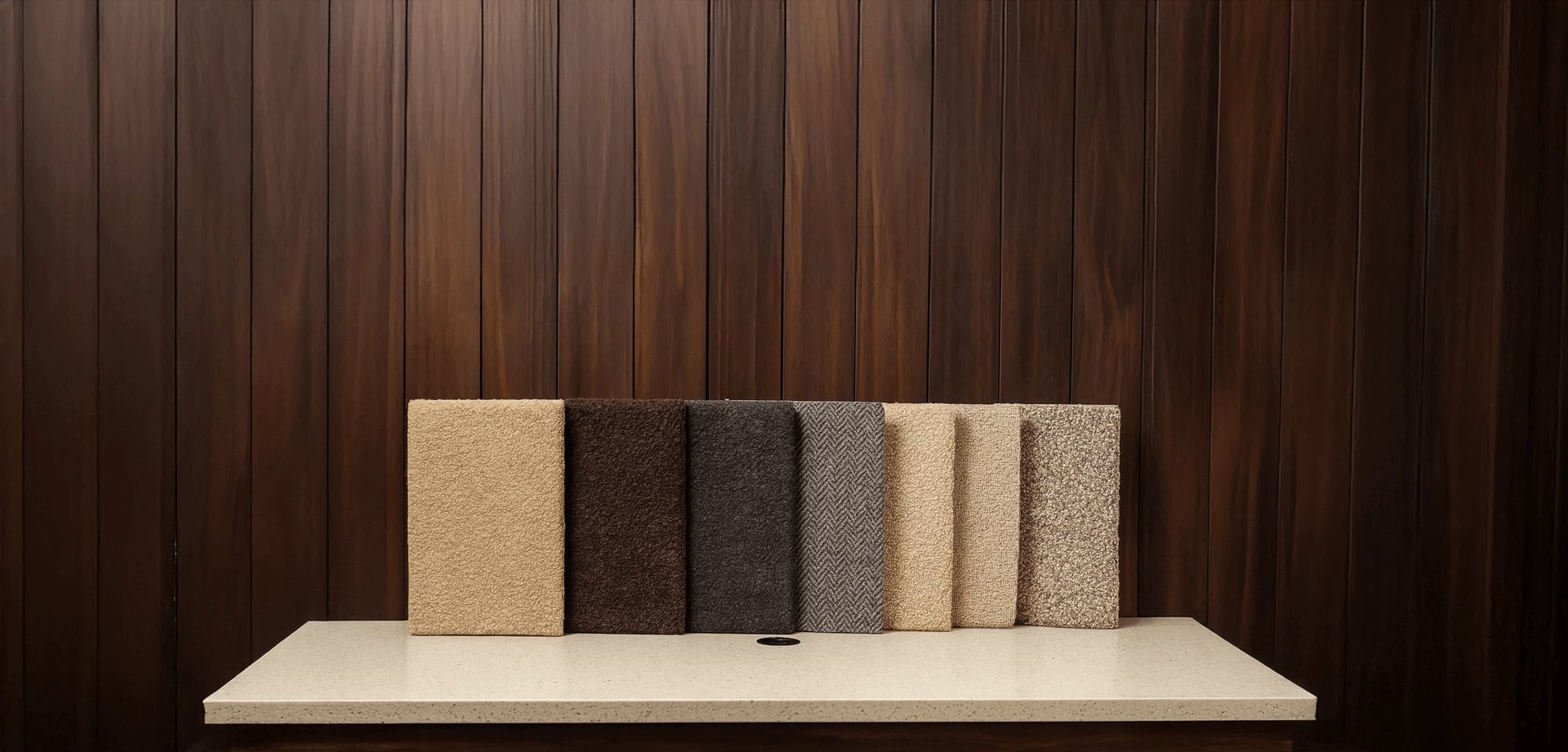 Neutral carpet samples on a countertop – Master Carpet London – best carpet styles for your home