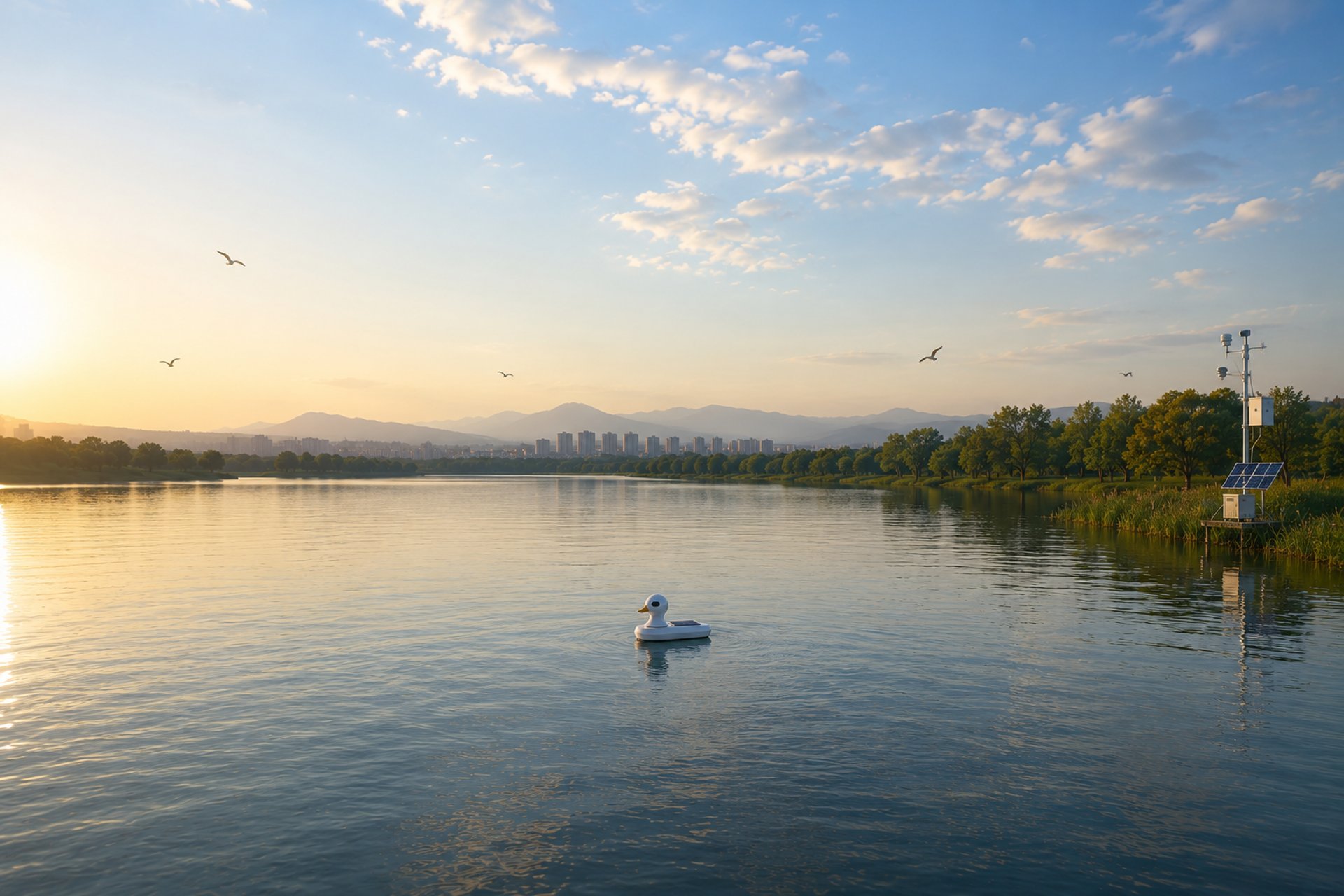 Calm lake with trees and power line in background