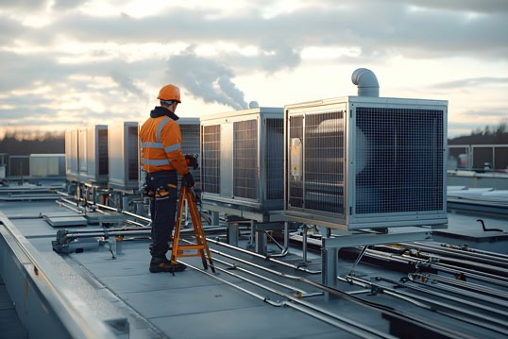 Generic Industrial HVAC photo with an engineer on top of a building doing checks on the HVAC system