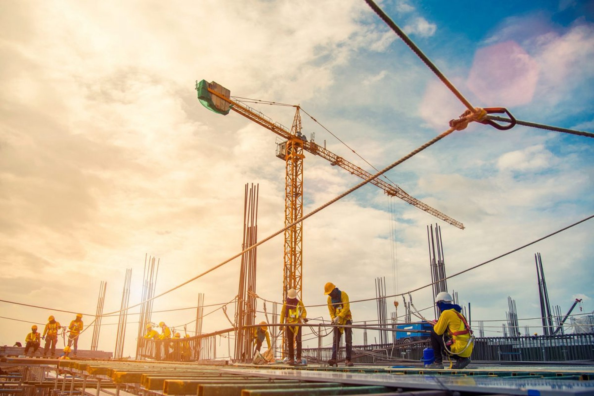 seven construction workers standing on white field