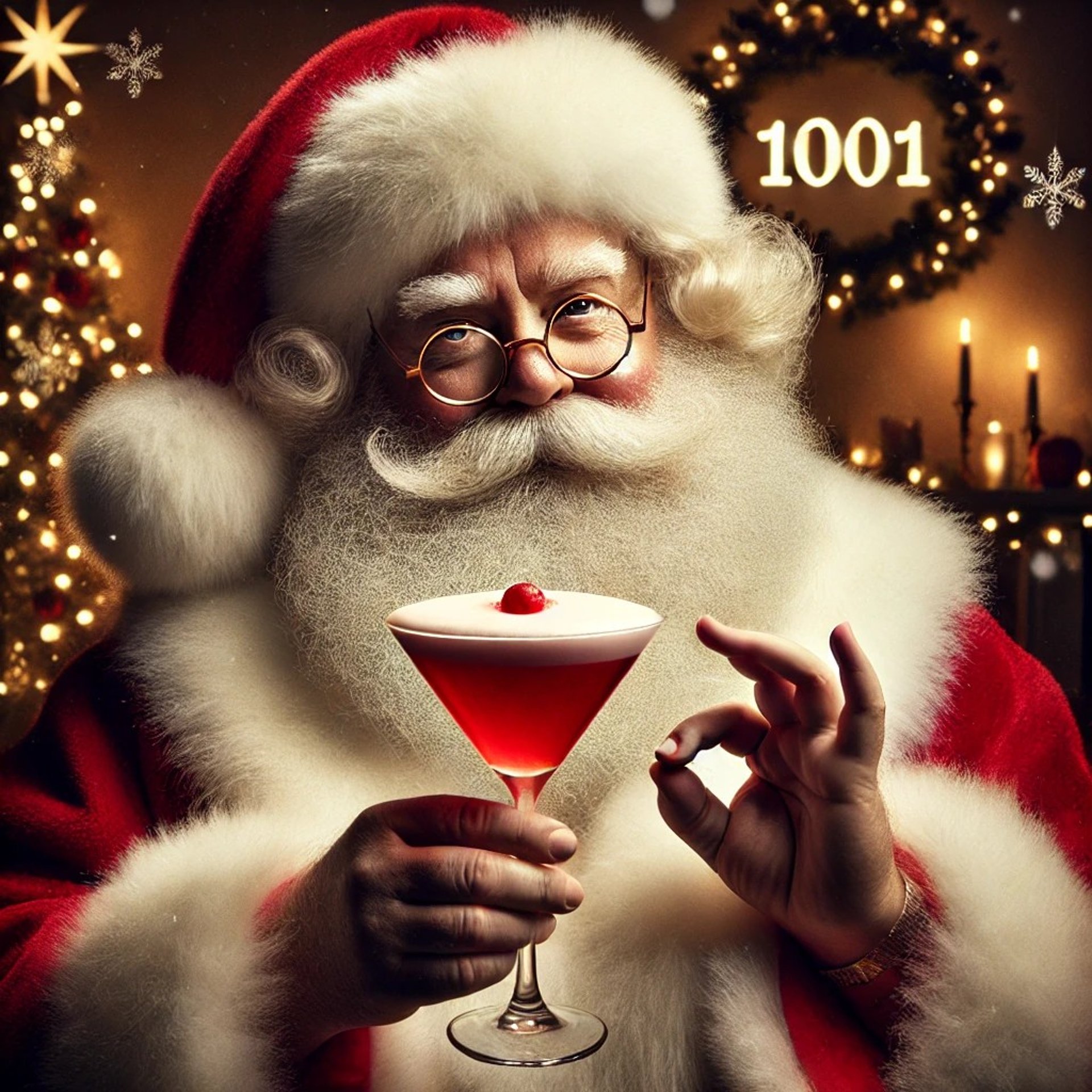 babbo natale con un cocktail rosso con crema bianca e una ciliegina rossa al centro in mano. sullo sfondo l'albero di natale 